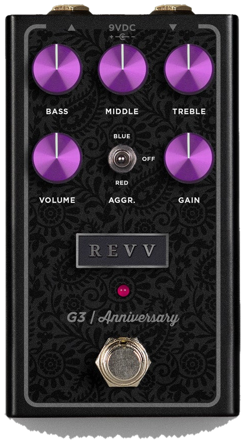 REVV G3 Anniversary Edition, top-down view, black patterned enclosure, purple knobs, Aggression toggle
