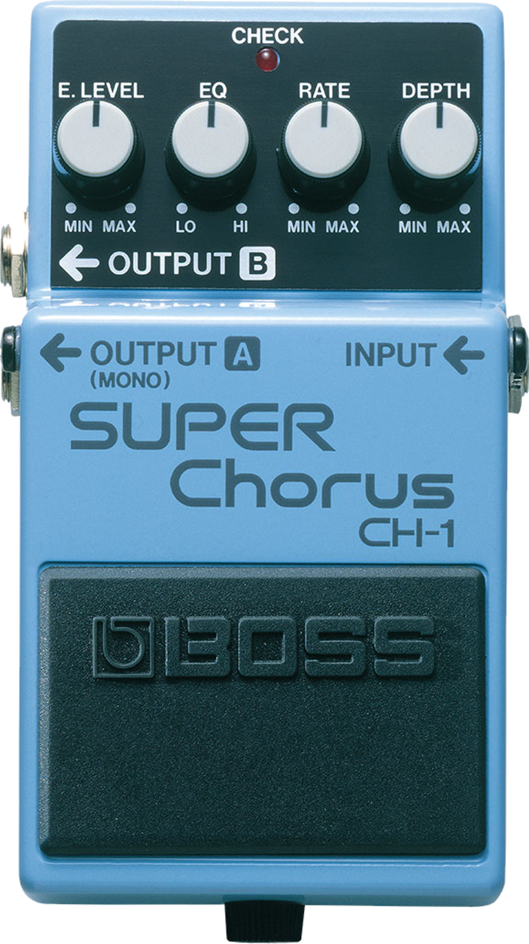 BOSS CH-1 Super Chorus, top-down, light blue compact enclosure, four knobs, Output A and B labels
