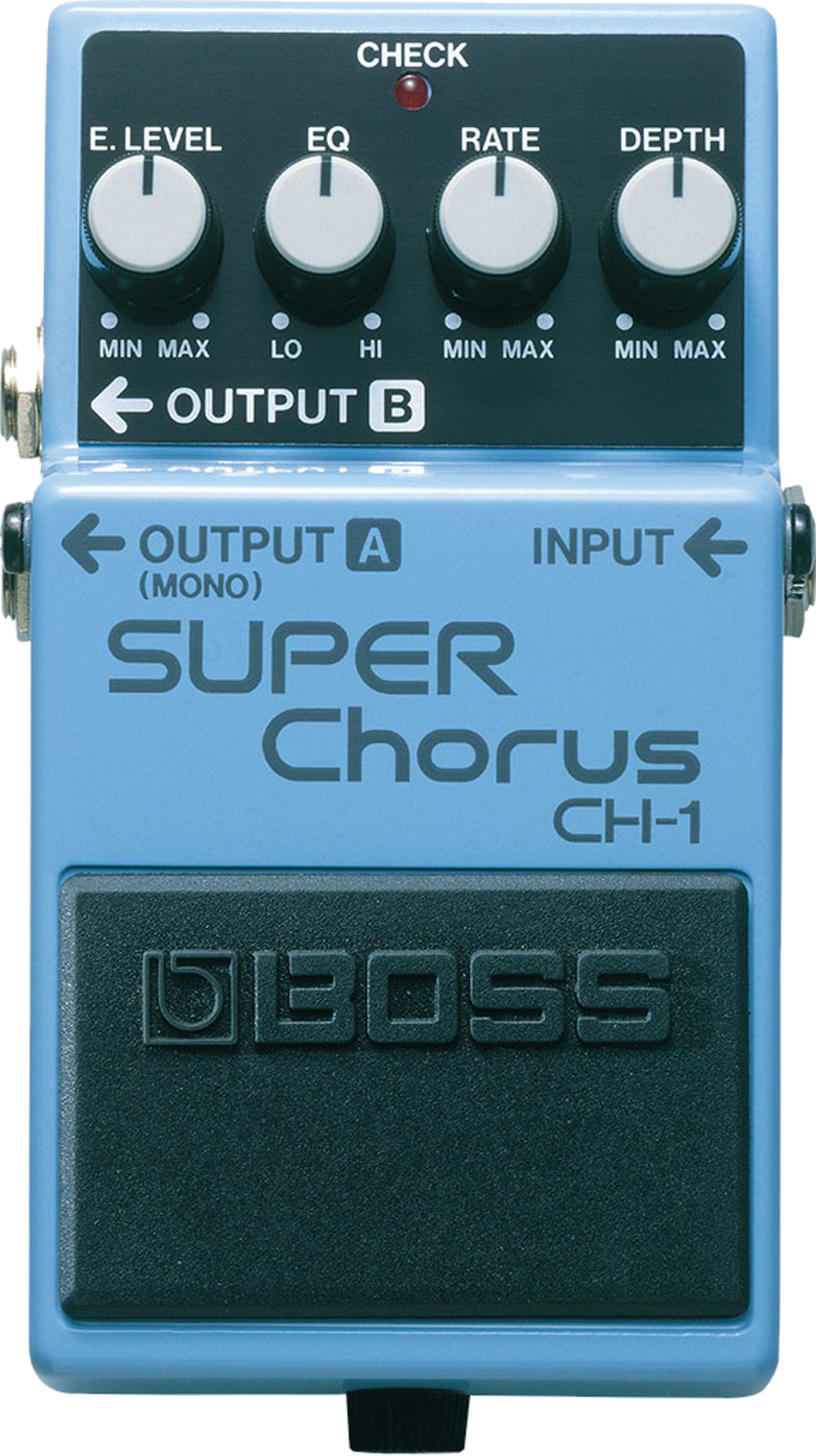 BOSS CH-1 Super Chorus, top-down, light blue compact enclosure, four knobs, Output A and B labels