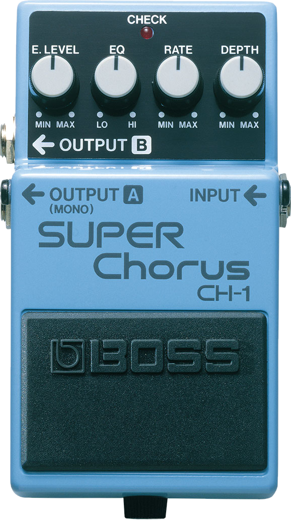 BOSS CH-1 Super Chorus, top-down, light blue compact enclosure, four knobs, Output A and B labels