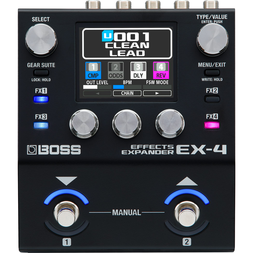 Boss EX-4 Effects Expander, top-down packshot, dual footswitches, four FX buttons and colour LCD