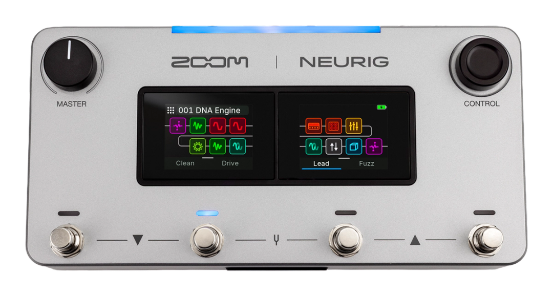 ZOOM NEURIG top-down packshot, silver enclosure with Master and Control knobs, dual touchscreens and four footswitches