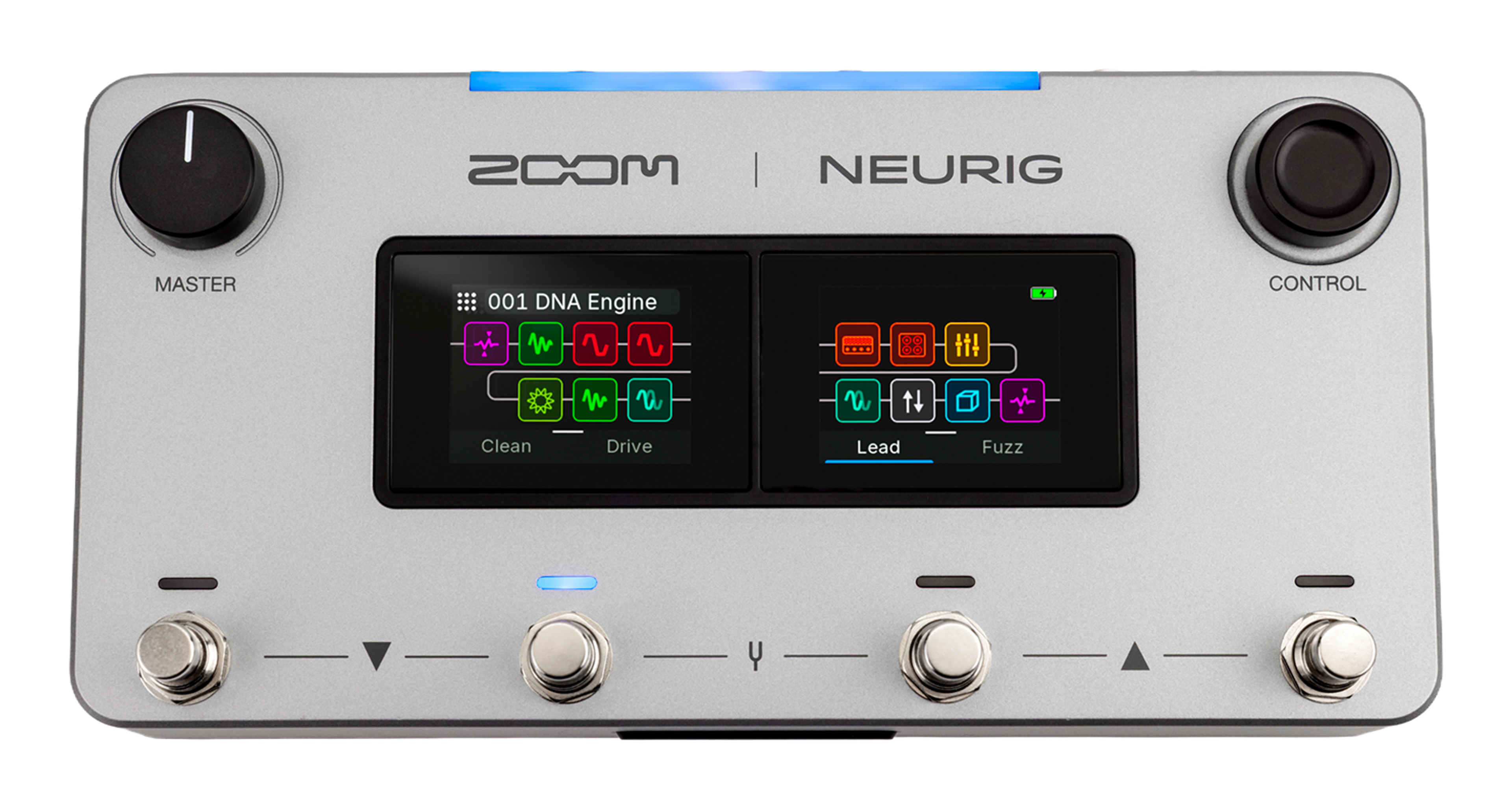 ZOOM NEURIG top-down packshot, silver enclosure with Master and Control knobs, dual touchscreens and four footswitches