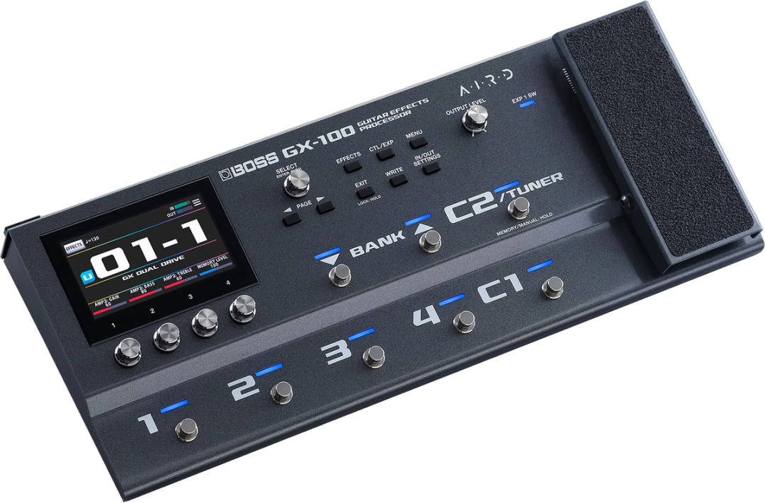 BOSS GX-100, three-quarter view, colour touchscreen, eight metal footswitches, integrated expression pedal