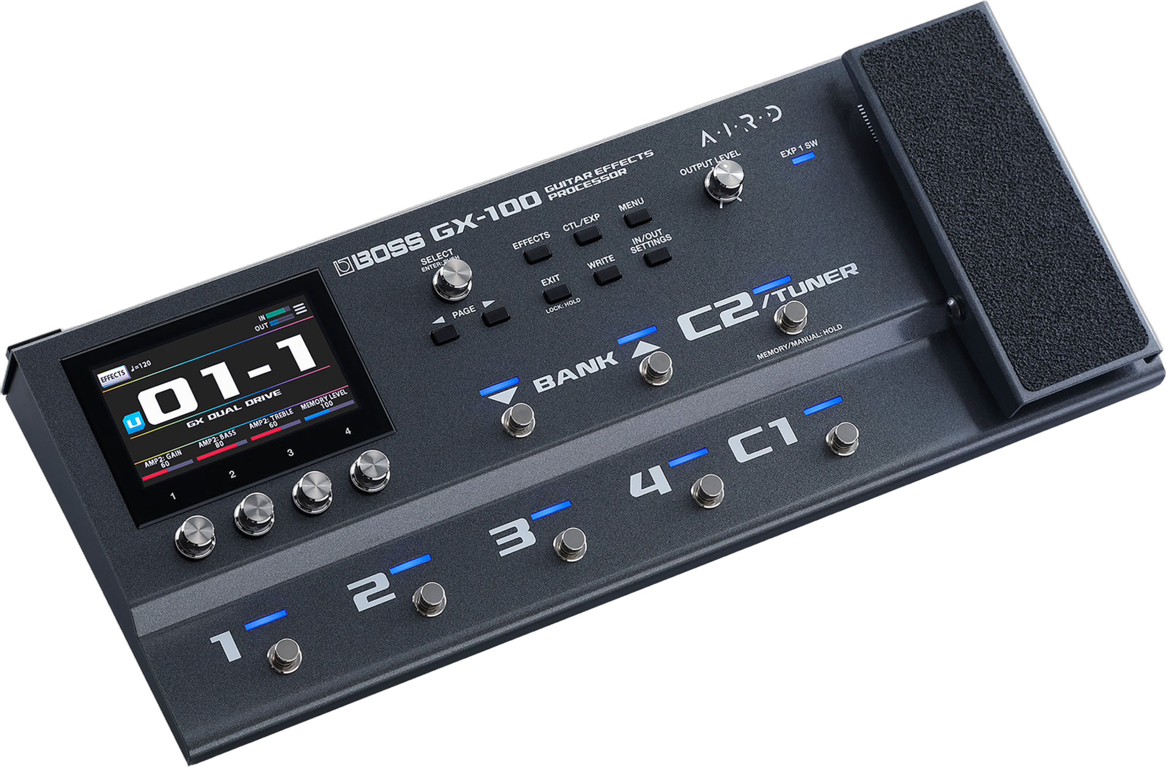 BOSS GX-100, three-quarter view, colour touchscreen, eight metal footswitches, integrated expression pedal