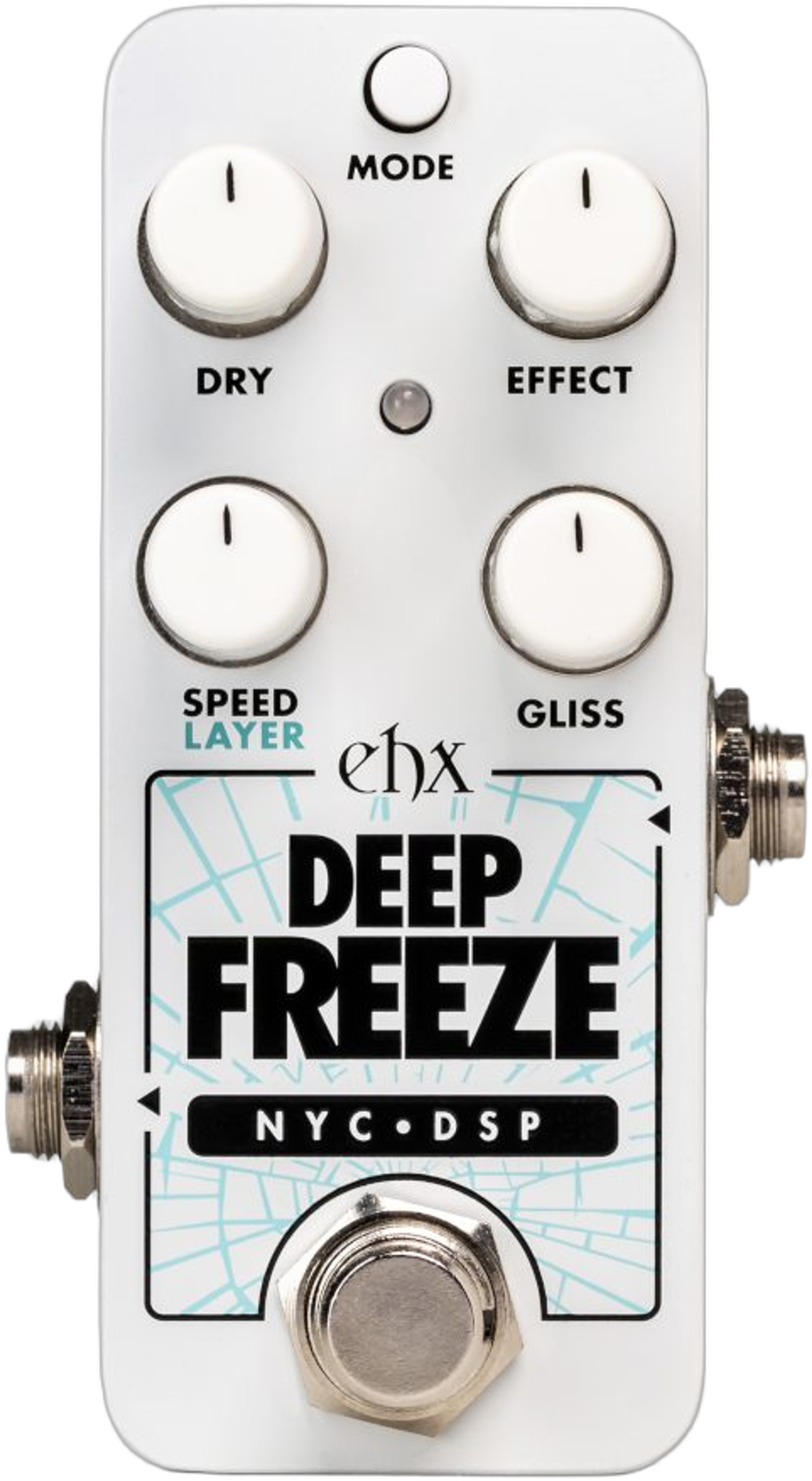 Electro-Harmonix Pico Deep Freeze, front view, white Pico enclosure, four knobs, Mode button