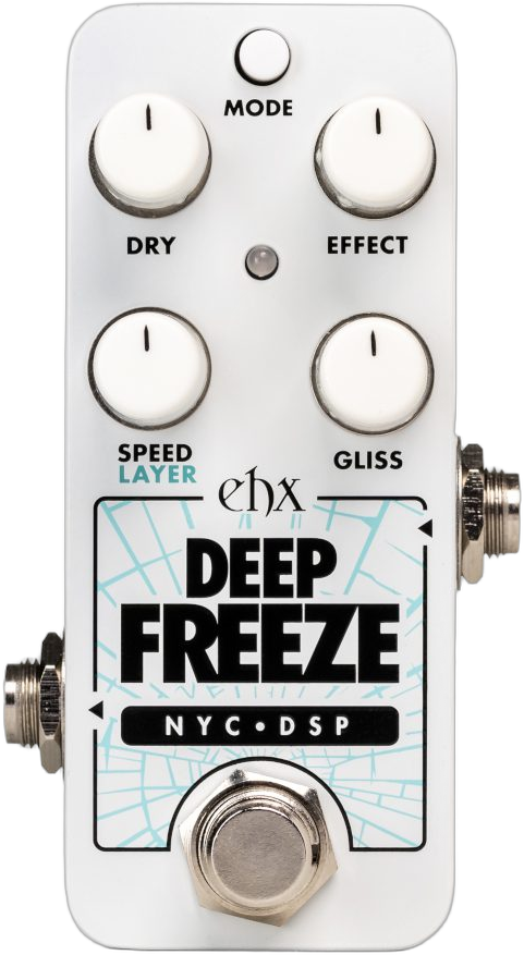 Electro-Harmonix Pico Deep Freeze, front view, white Pico enclosure, four knobs, Mode button