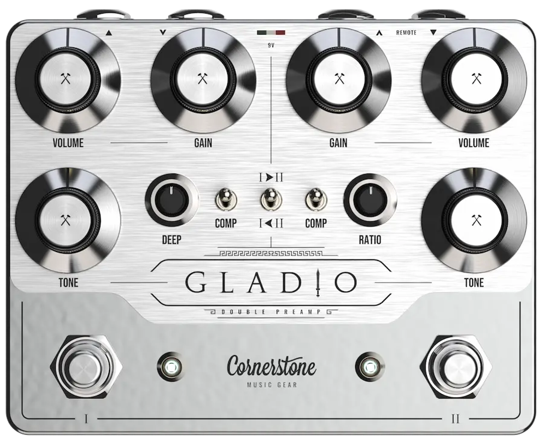 Cornerstone Gladio mk3, top-down, brushed silver enclosure with six large knobs, Deep and Ratio knobs, two Comp toggles and two footswitches