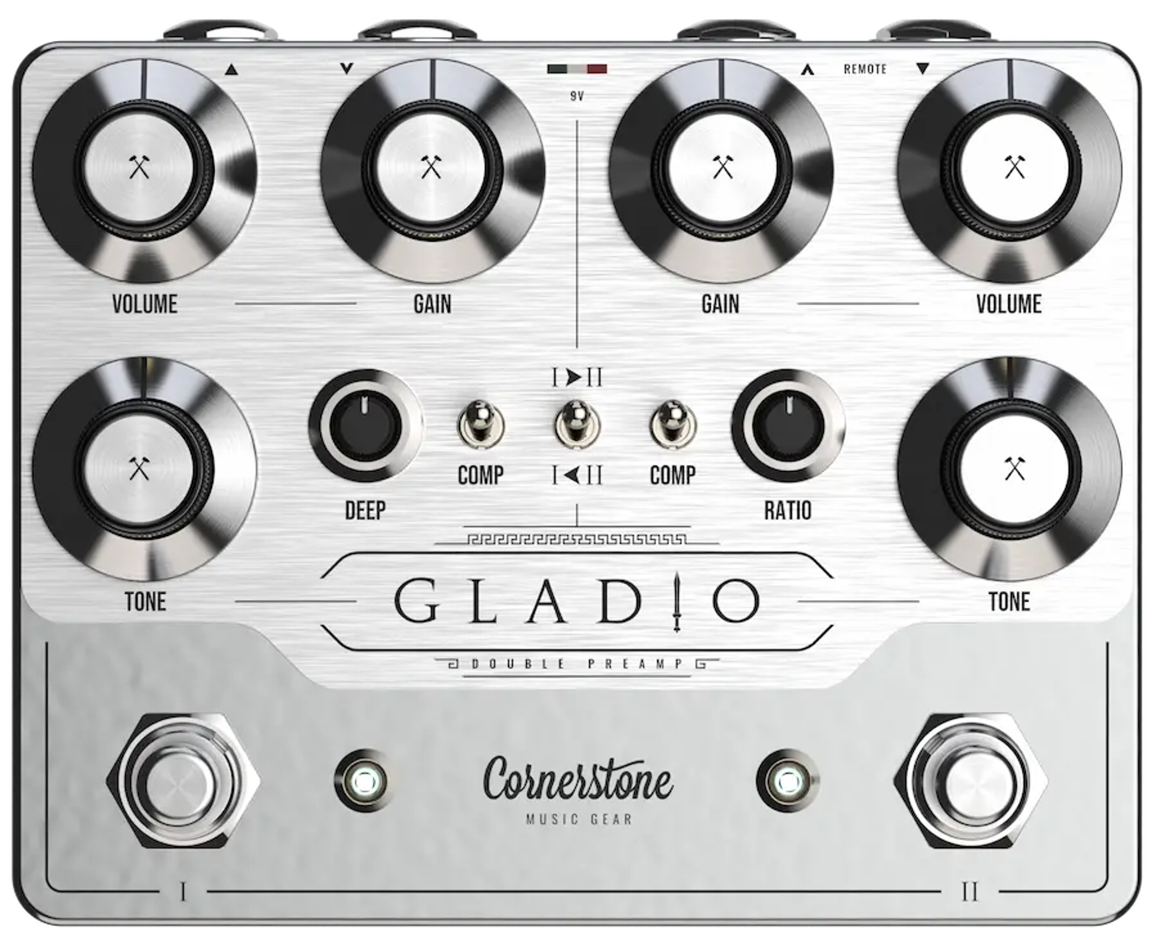Cornerstone Gladio mk3, top-down, brushed silver enclosure with six large knobs, Deep and Ratio knobs, two Comp toggles and two footswitches