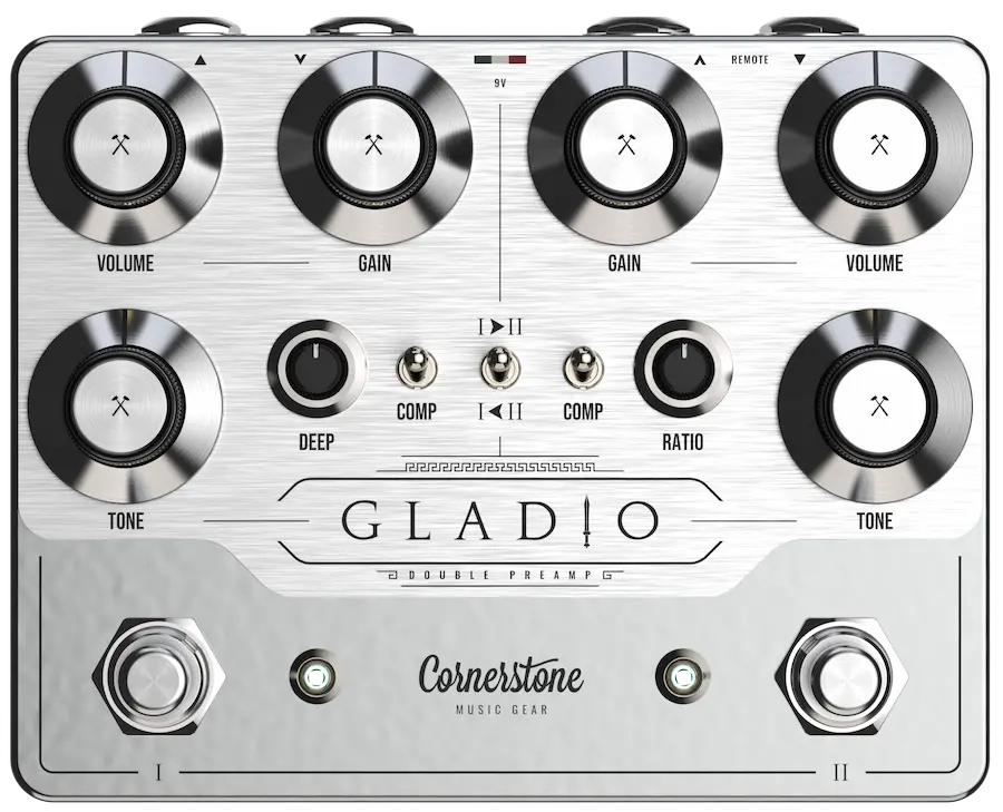 Cornerstone Gladio mk3, top-down, brushed silver enclosure with six large knobs, Deep and Ratio knobs, two Comp toggles and two footswitches