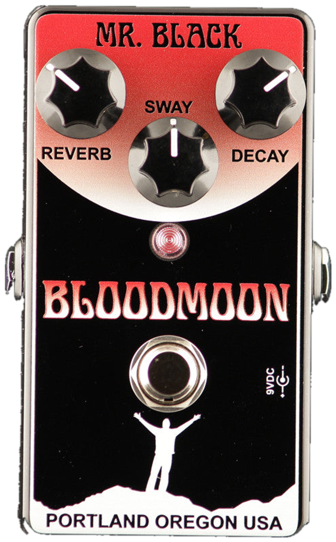 Mr. Black BloodMoon, top-down view, red and black enclosure, Reverb, Sway and Decay knobs