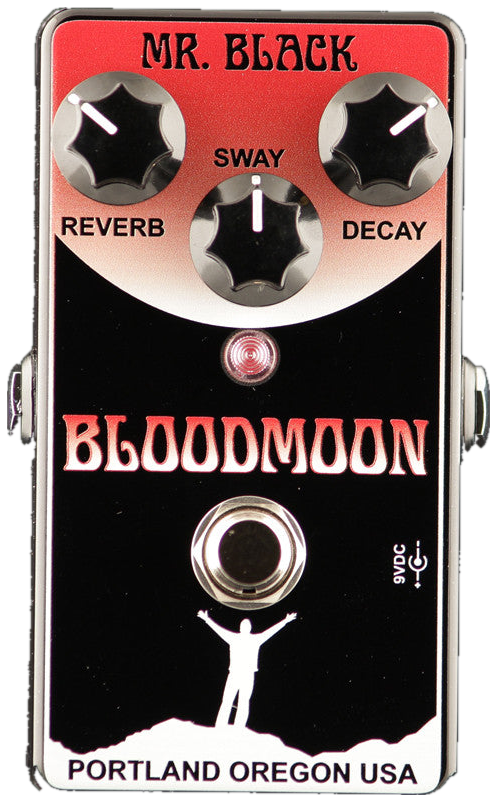 Mr. Black BloodMoon, top-down view, red and black enclosure, Reverb, Sway and Decay knobs