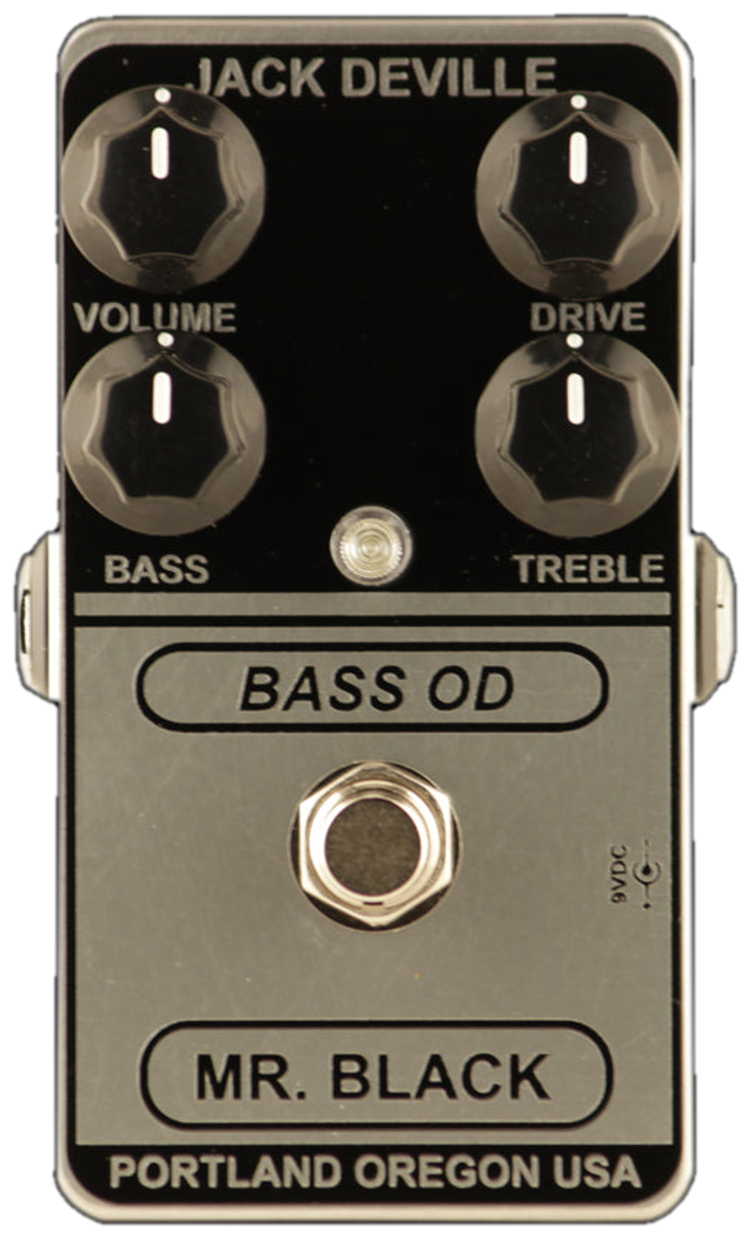 Mr. Black Bass OD Mk. II, top-down view, black and chrome enclosure, Volume, Drive, Bass and Treble knobs
