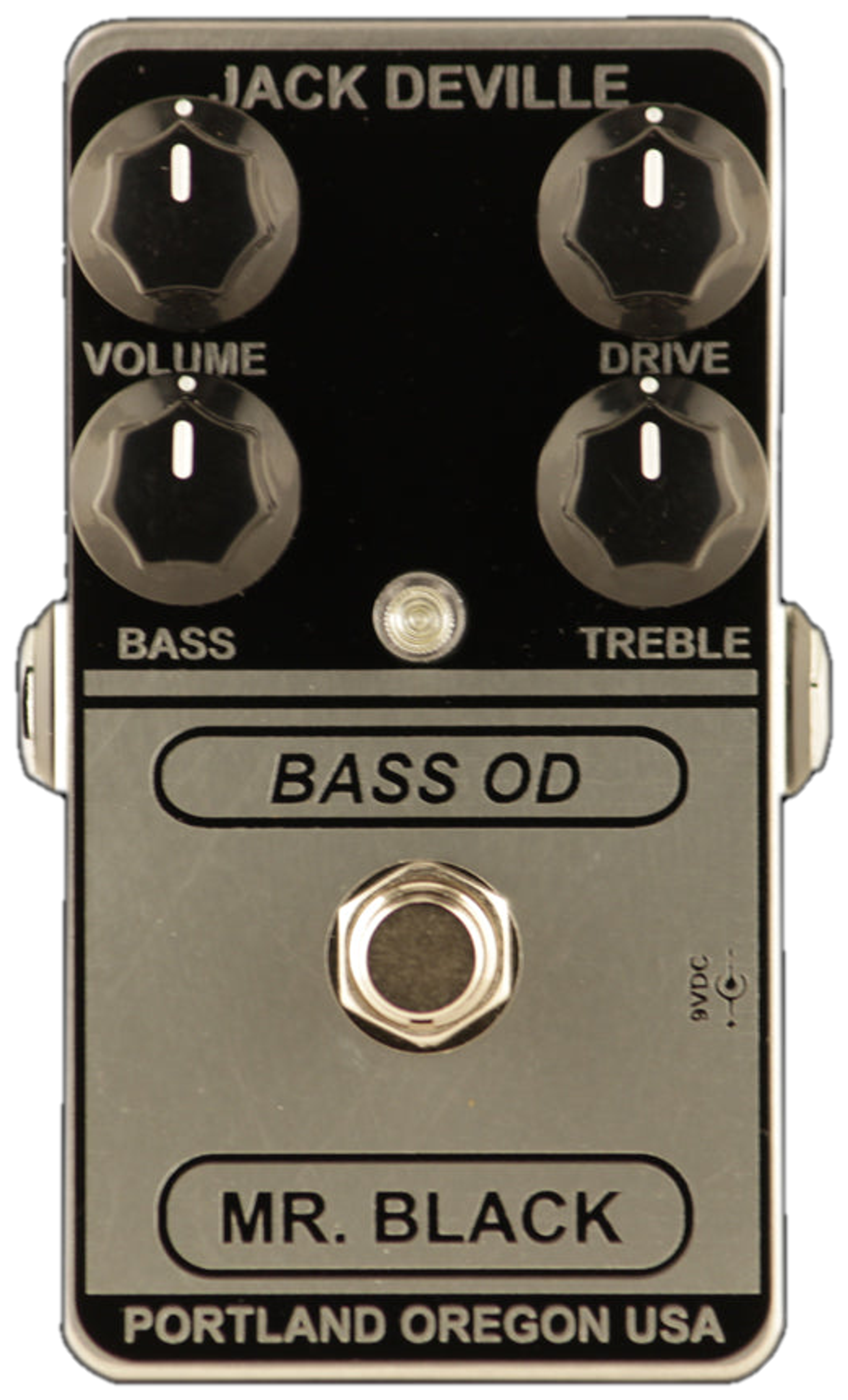 Mr. Black Bass OD Mk. II, top-down view, black and chrome enclosure, Volume, Drive, Bass and Treble knobs