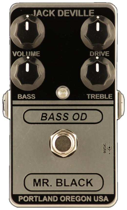 Mr. Black Bass OD Mk. II, top-down view, black and chrome enclosure, Volume, Drive, Bass and Treble knobs
