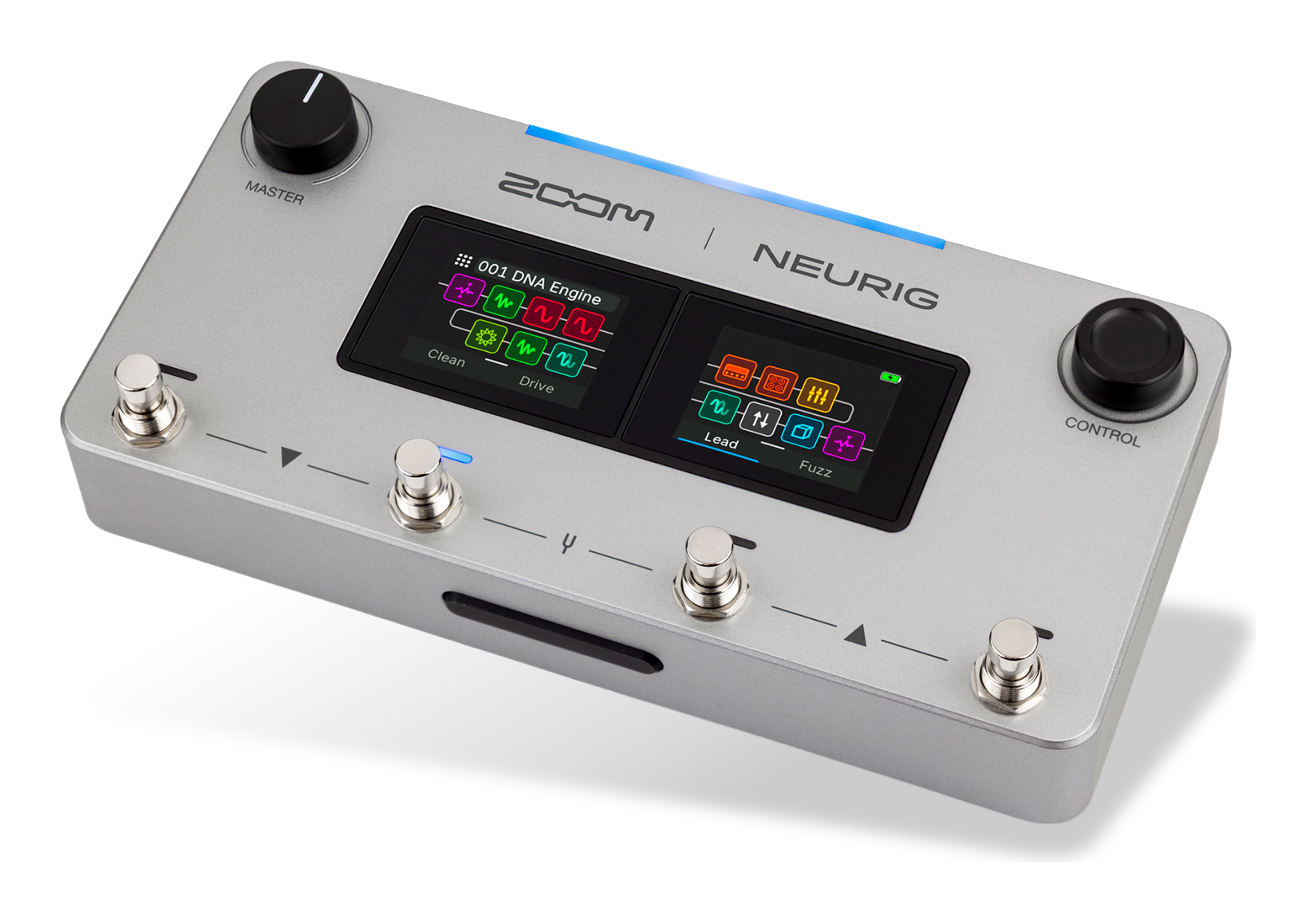ZOOM NEURIG angled packshot, silver die-cast enclosure with two touchscreens, Master and Control knobs and four footswitches