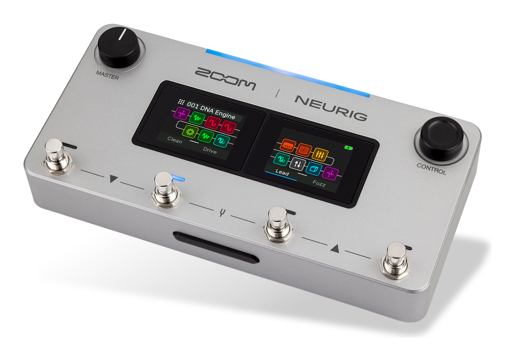 ZOOM NEURIG angled packshot, silver die-cast enclosure with two touchscreens, Master and Control knobs and four footswitches