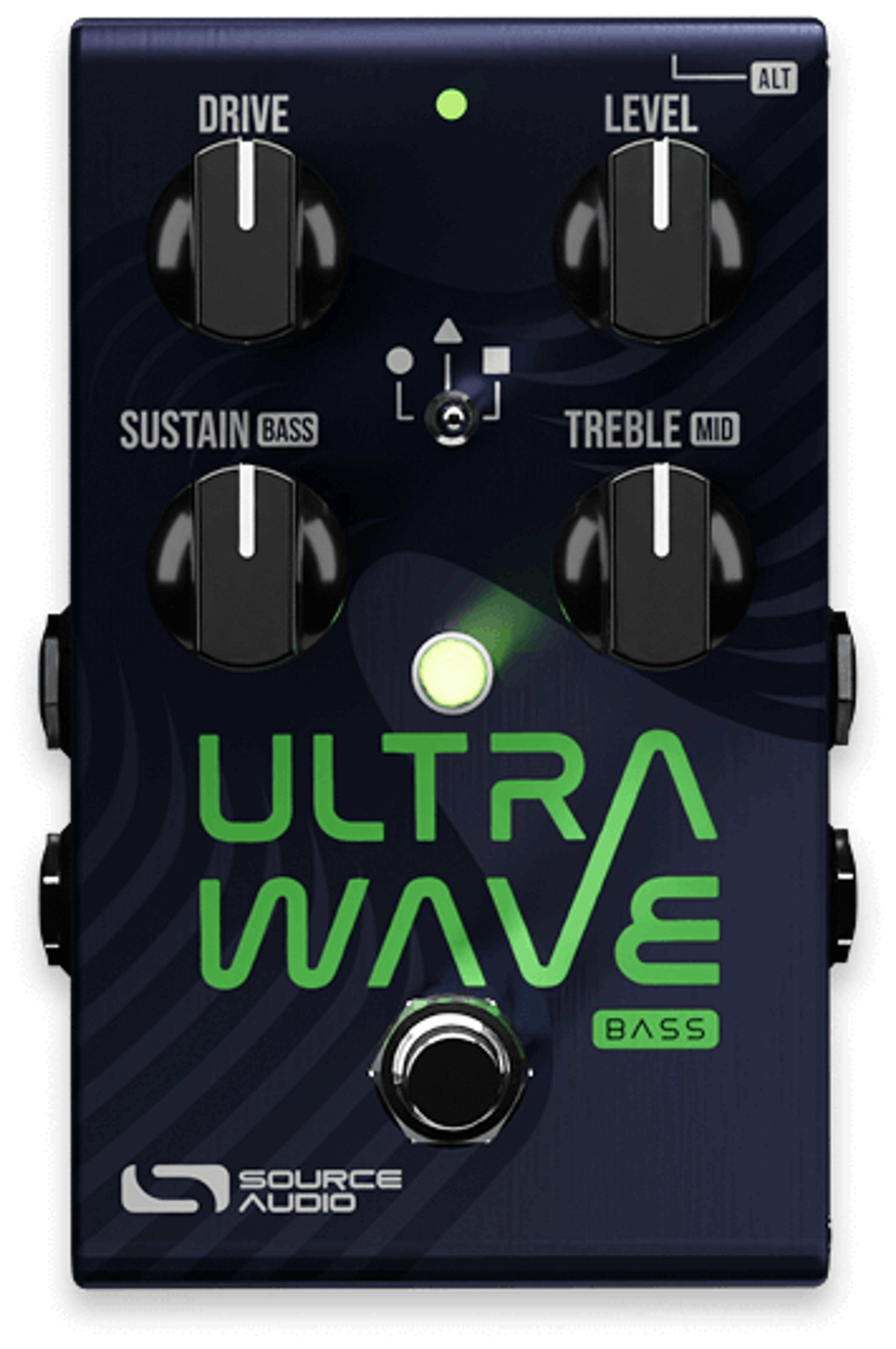 Source Audio Ultrawave Bass Distortion Lab, front view, dark blue enclosure, green Ultrawave Bass lettering, four black knobs and footswitch