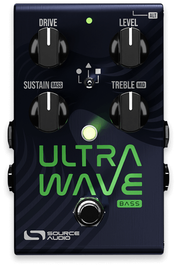 Source Audio Ultrawave Bass Distortion Lab, front view, dark blue enclosure, green Ultrawave Bass lettering, four black knobs and footswitch