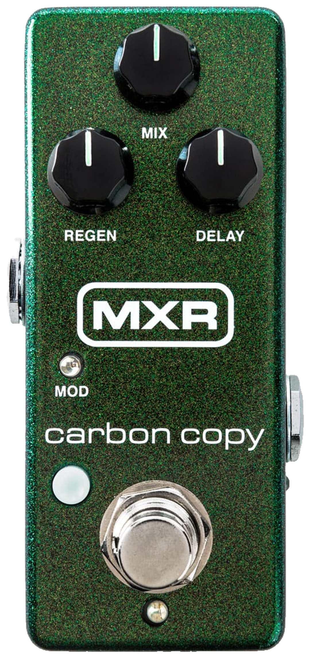 MXR Carbon Copy Mini Analog Delay, top-down view, dark green sparkle enclosure, MXR logo, Mix, Regen and Delay knobs, Mod switch