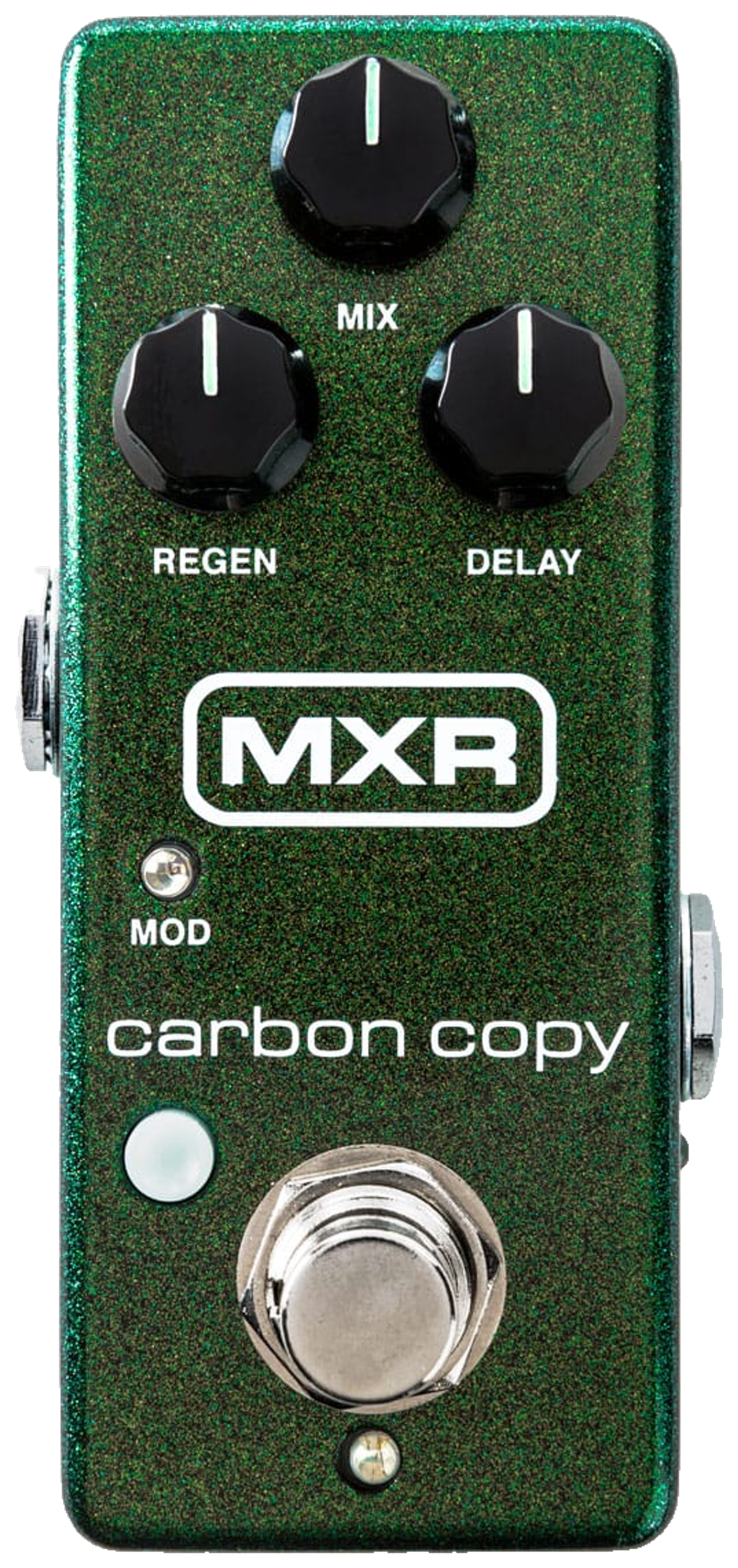 MXR Carbon Copy Mini Analog Delay, top-down view, dark green sparkle enclosure, MXR logo, Mix, Regen and Delay knobs, Mod switch