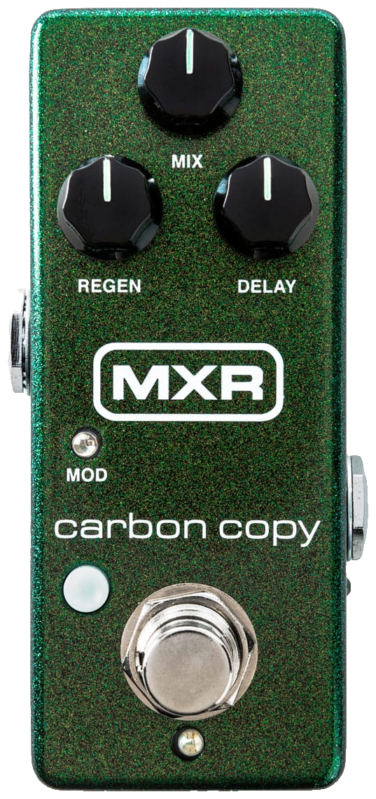 MXR Carbon Copy Mini Analog Delay, top-down view, dark green sparkle enclosure, MXR logo, Mix, Regen and Delay knobs, Mod switch