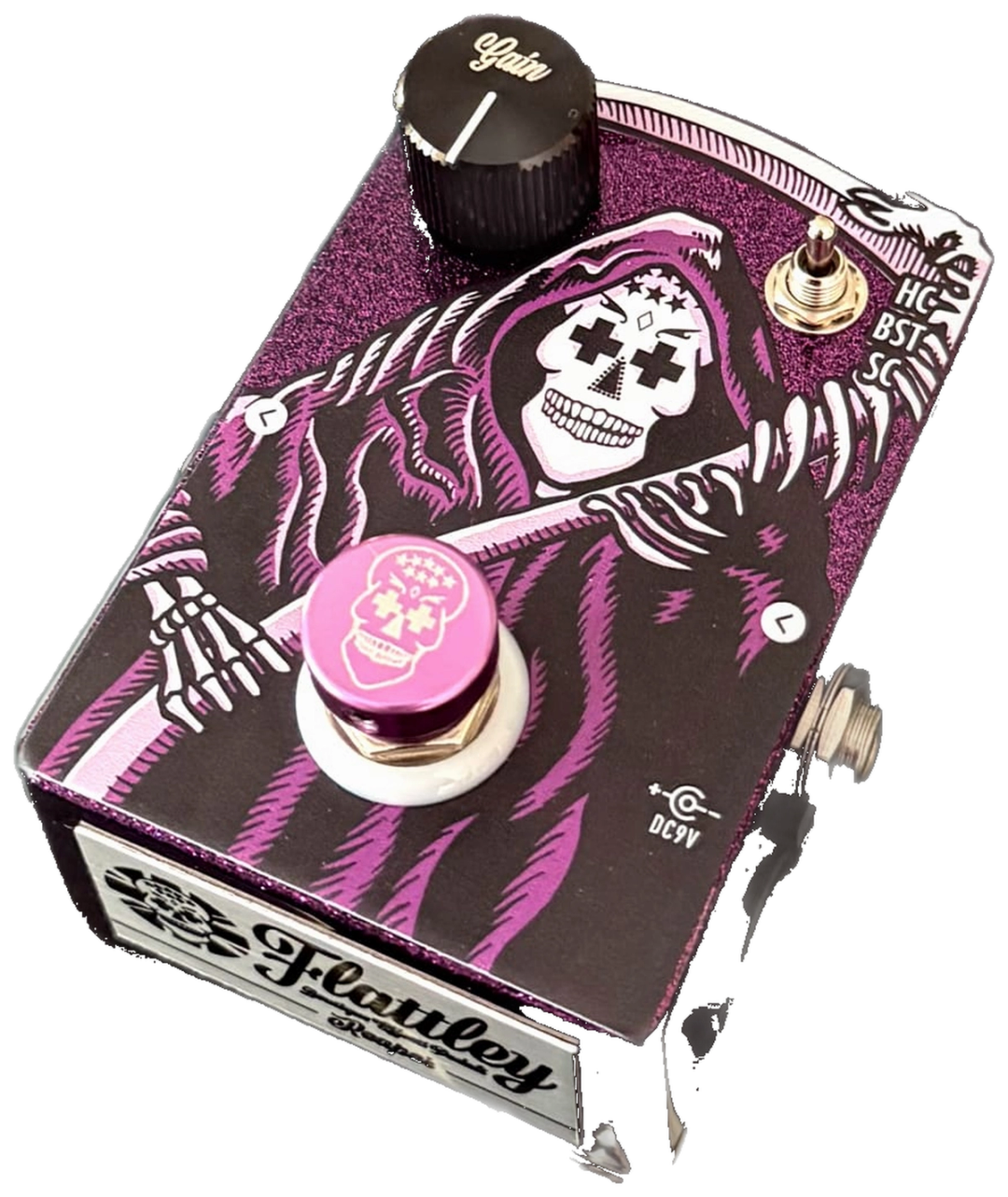 Flattley Reaper 10 AE, top-down packshot, purple glitter enclosure, Gain Volume Tone knobs, HC BST SC toggle