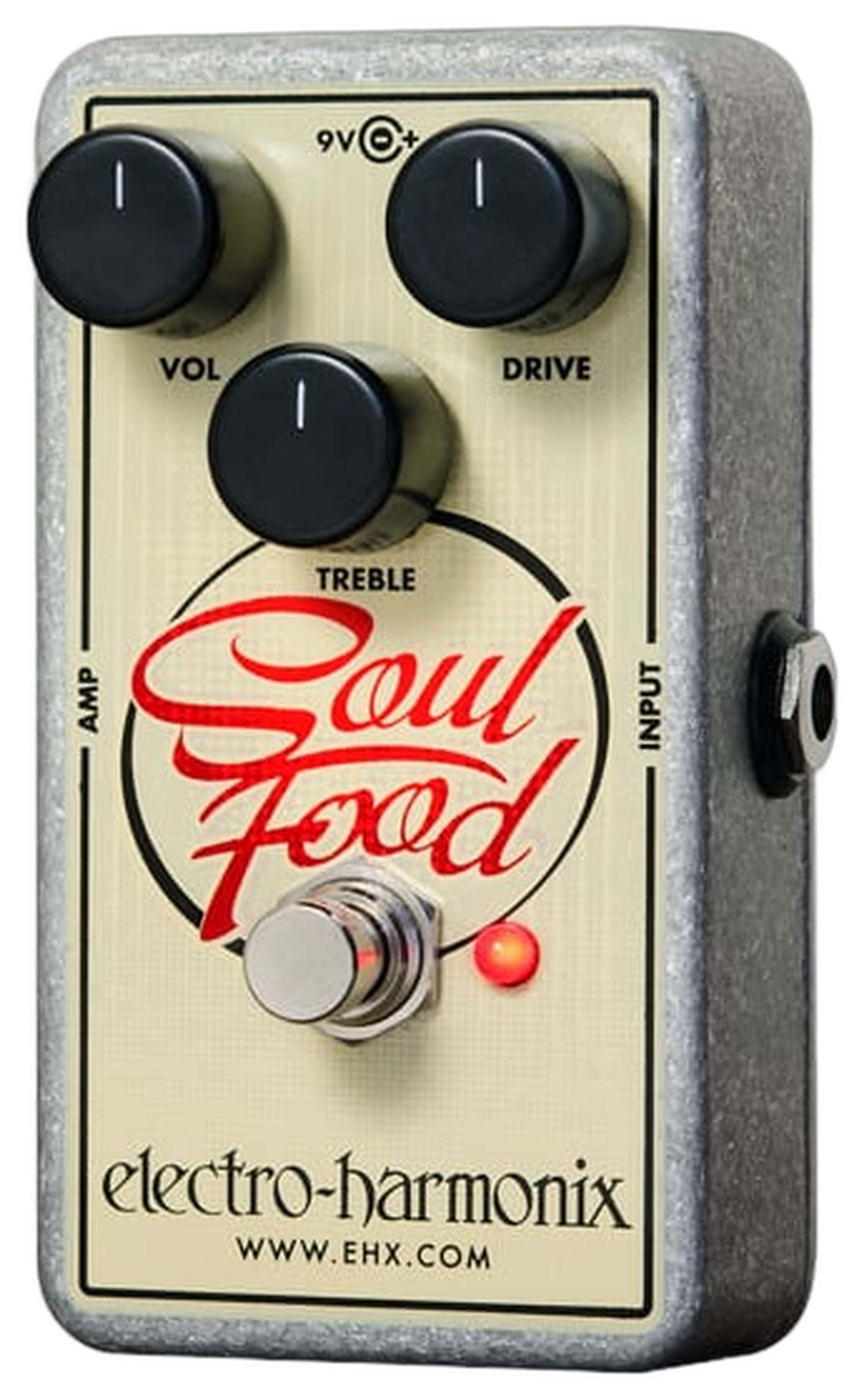 Electro-Harmonix Soul Food, top-down view, cream faceplate, red Soul Food script, VOL DRIVE TREBLE knobs