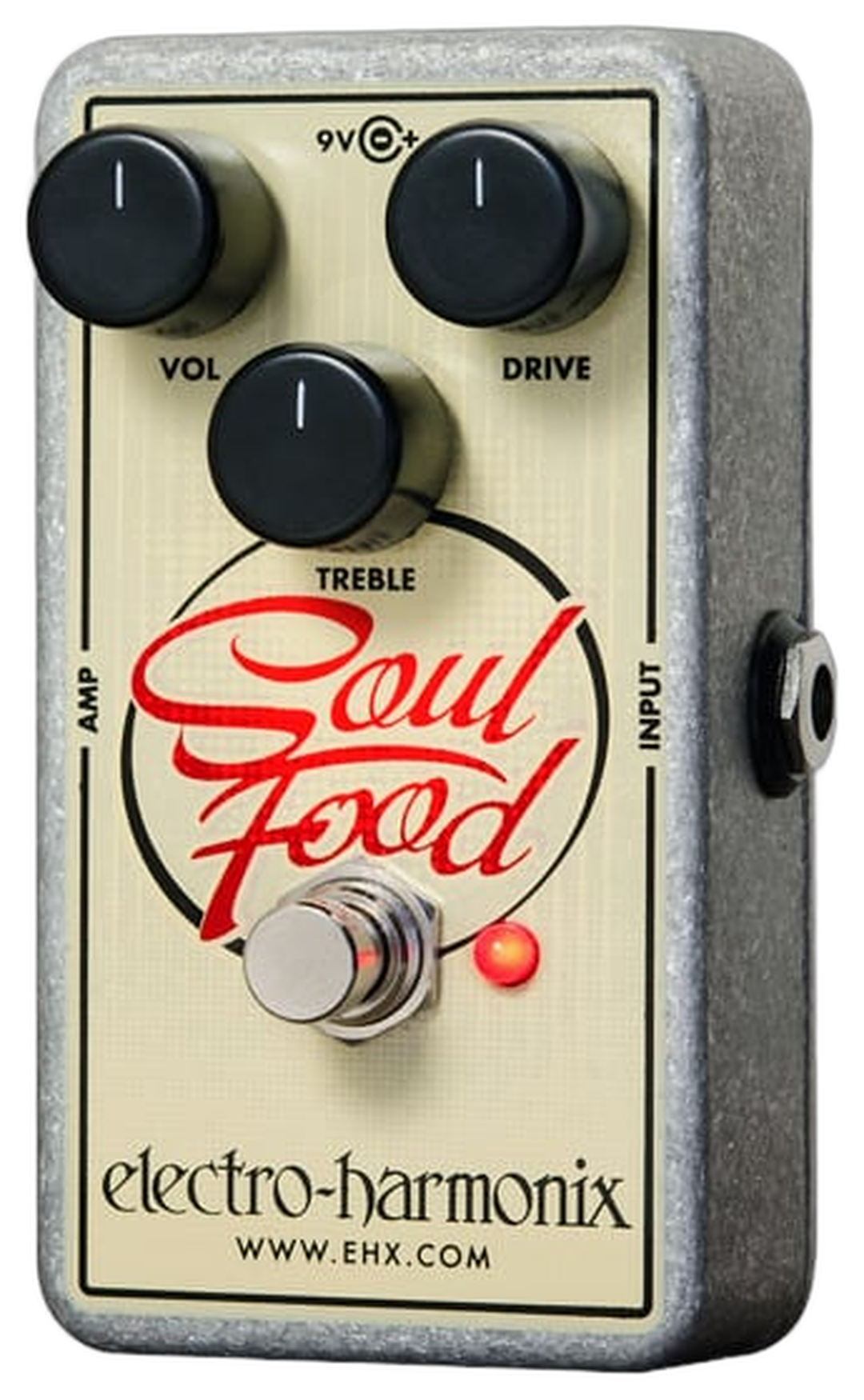 Electro-Harmonix Soul Food, top-down view, cream faceplate, red Soul Food script, VOL DRIVE TREBLE knobs