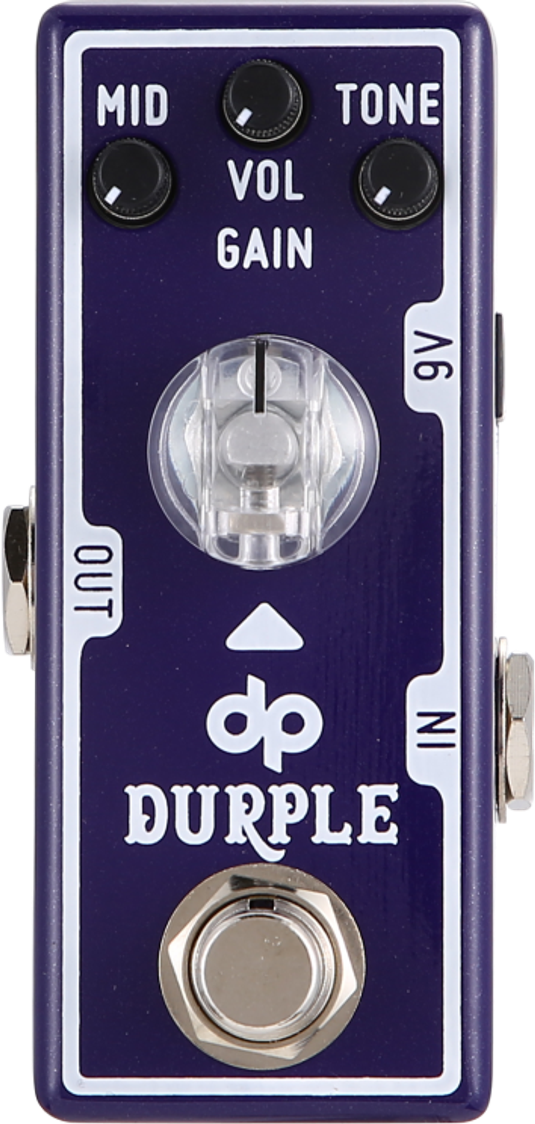 Tone City Durple mini overdrive pedal, top-down view, dark purple enclosure with four knobs, status light and footswitch