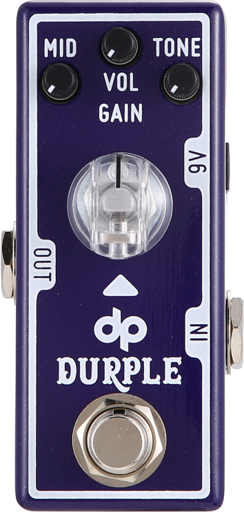 Tone City Durple mini overdrive pedal, top-down view, dark purple enclosure with four knobs, status light and footswitch