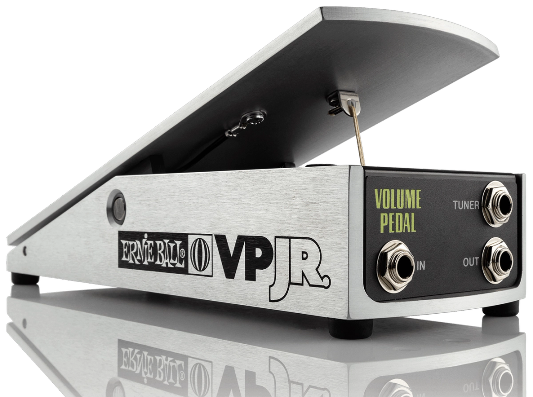 Ernie Ball VP Jr volume pedal, three-quarter view, brushed aluminium treadle, IN OUT TUNER jacks