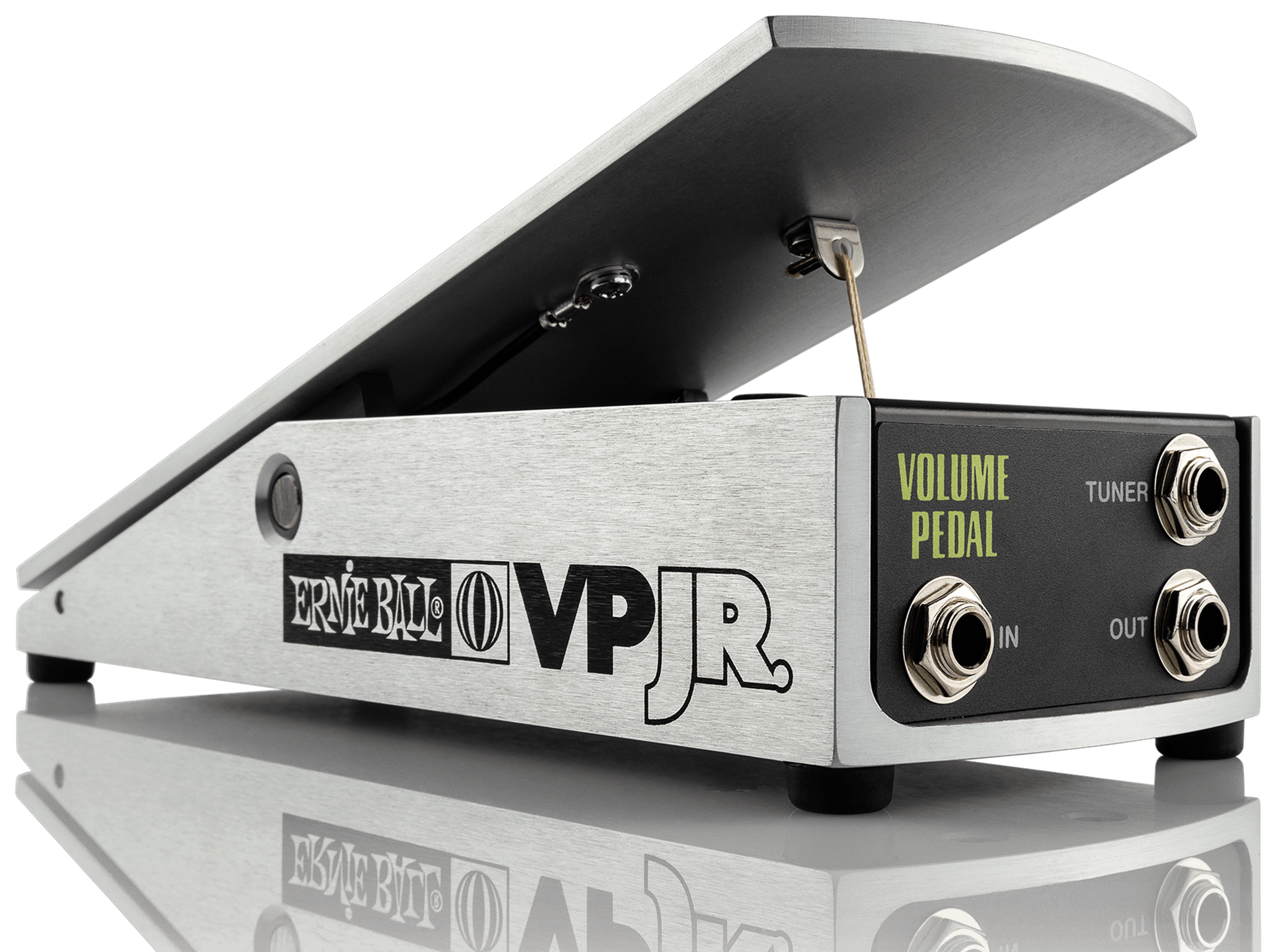 Ernie Ball VP Jr volume pedal, three-quarter view, brushed aluminium treadle, IN OUT TUNER jacks