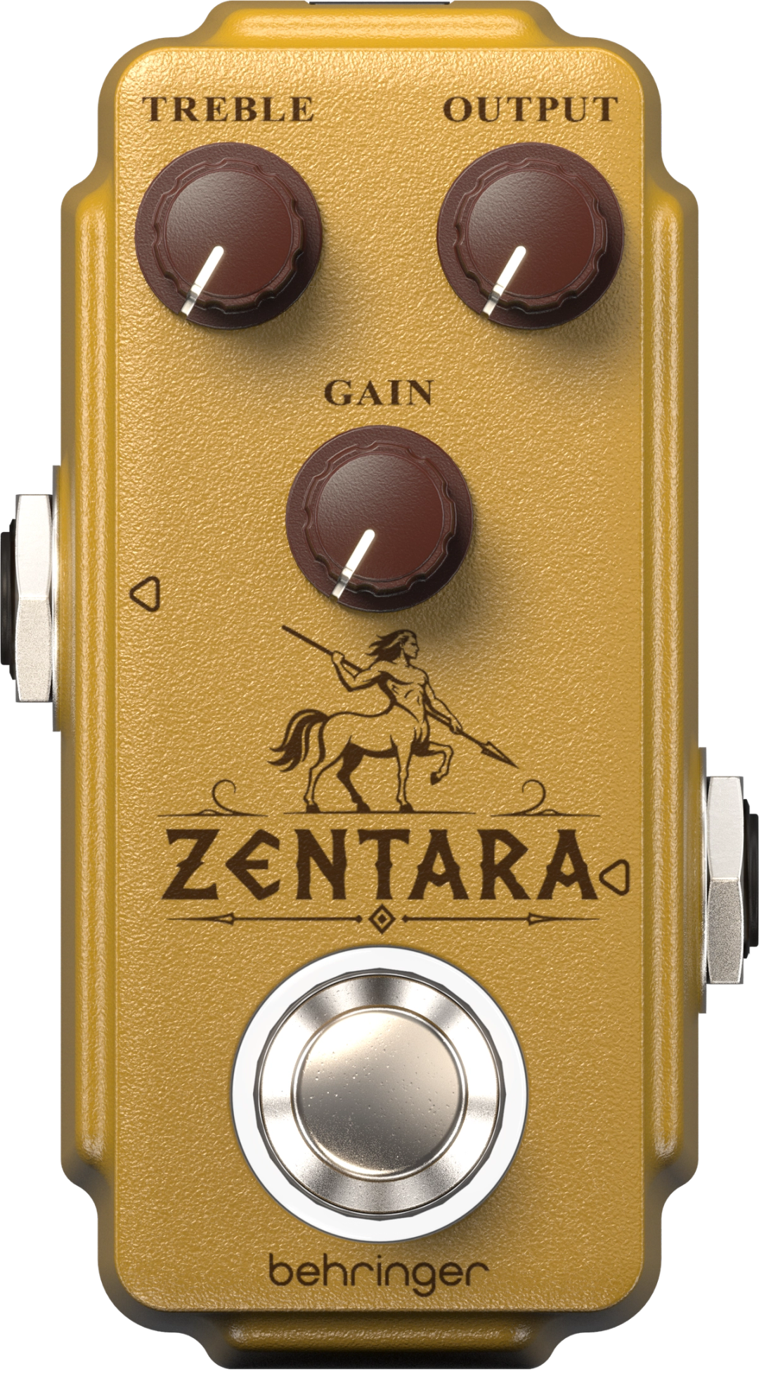Behringer Zentara Mini Overdrive, top-down view, gold enclosure, centaur artwork, Treble, Output and Gain knobs