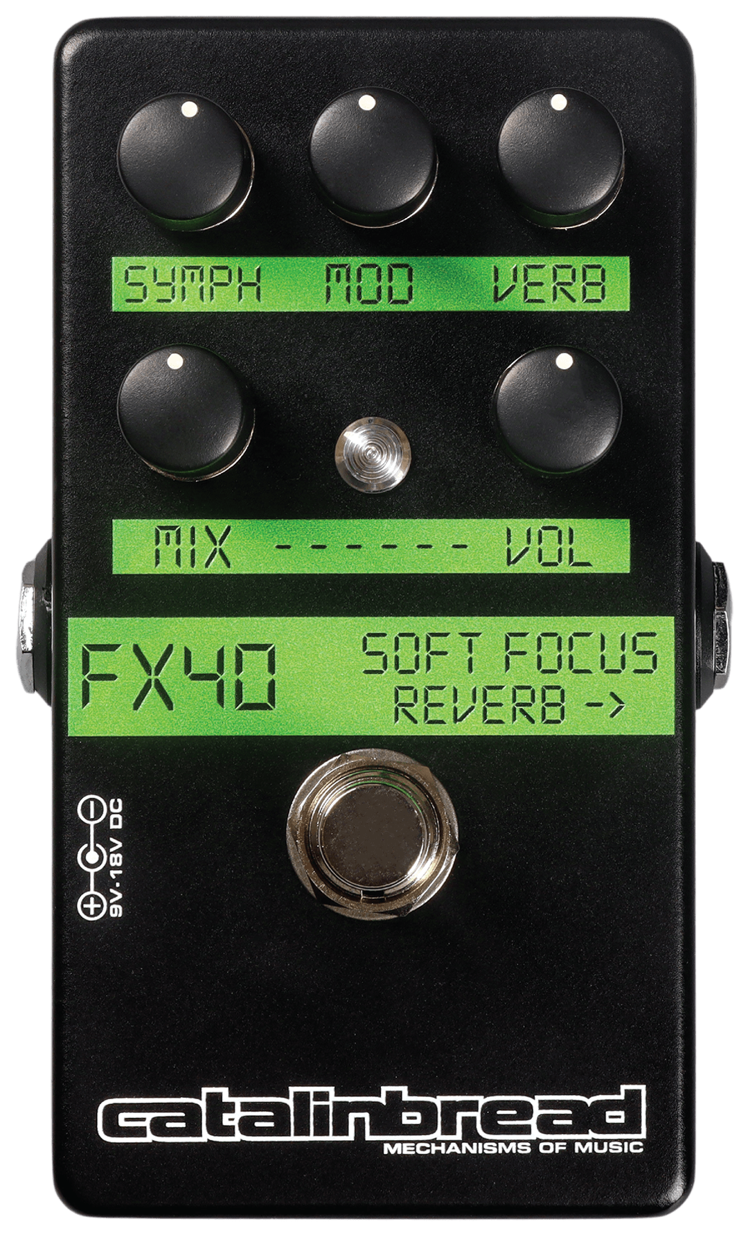 Catalinbread Soft Focus, top-down, black enclosure, green FX40 and Soft Focus labels, five knobs