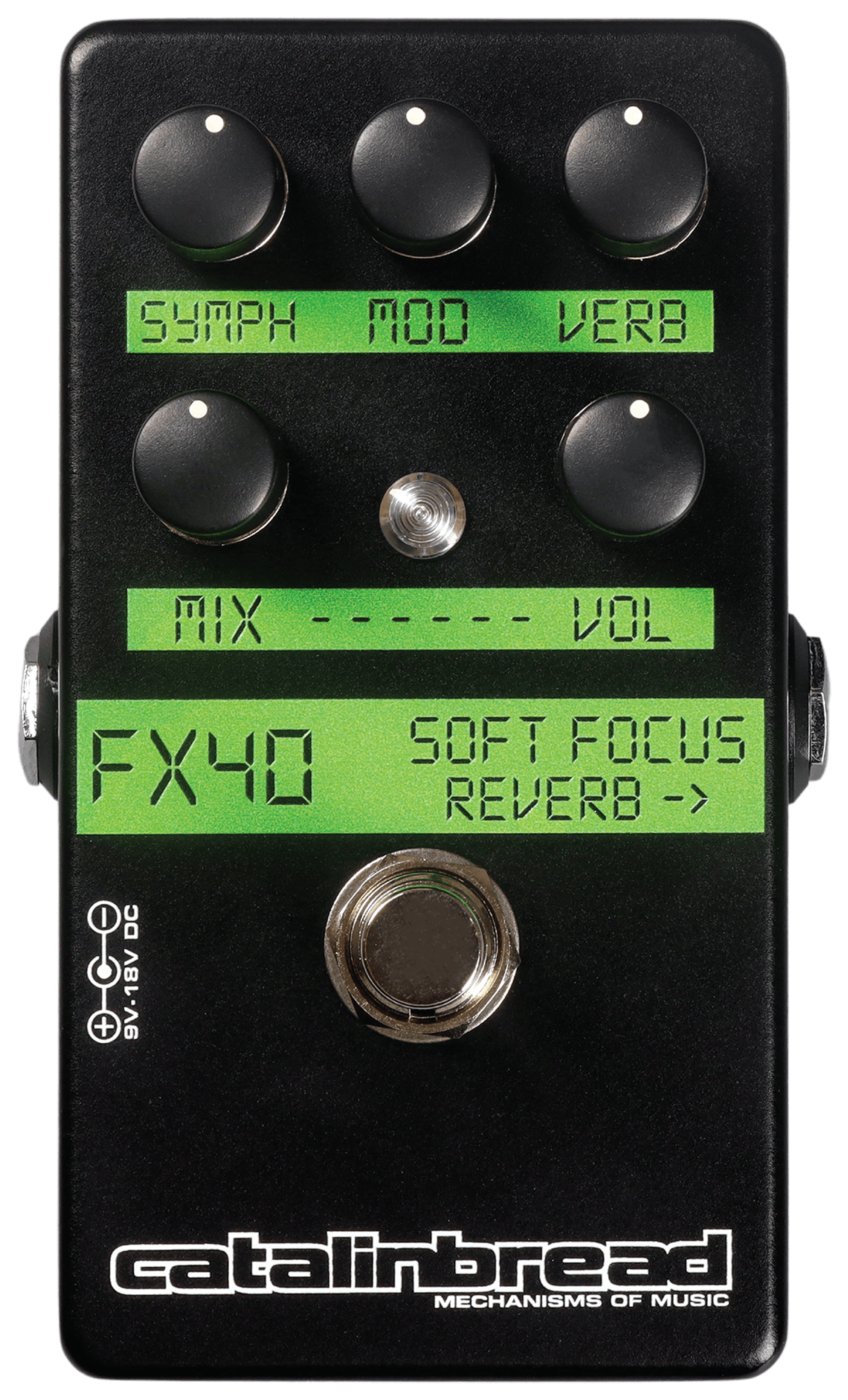 Catalinbread Soft Focus, top-down, black enclosure, green FX40 and Soft Focus labels, five knobs
