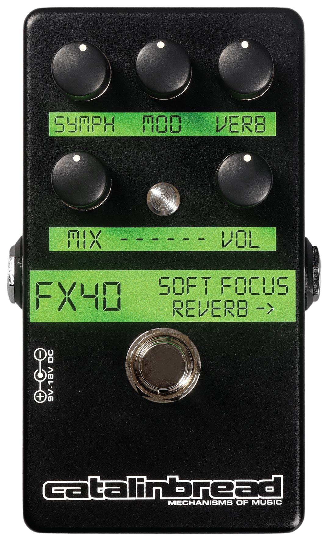 Catalinbread Soft Focus, top-down, black enclosure, green FX40 and Soft Focus labels, five knobs