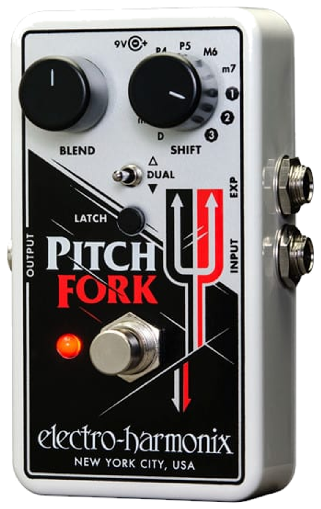 Electro-Harmonix Pitch Fork, front, silver enclosure, tuning-fork graphic, Blend and Shift knobs