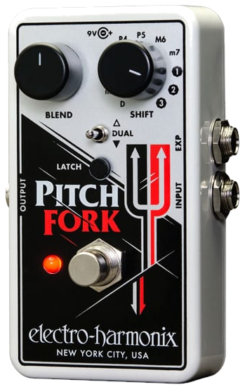 Electro-Harmonix Pitch Fork, front, silver enclosure, tuning-fork graphic, Blend and Shift knobs