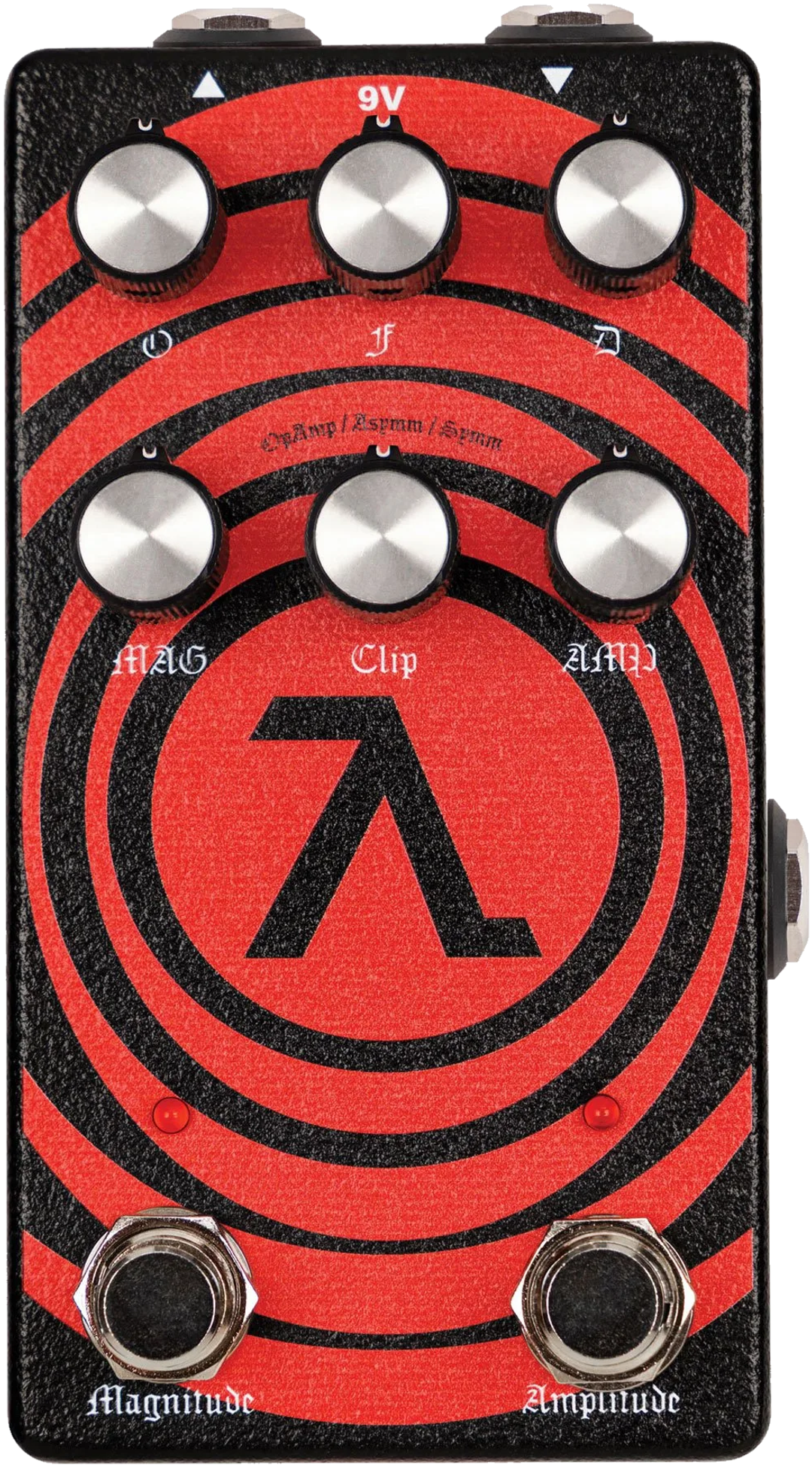 EarthQuaker Devices Sunn O))) HalfLife, top-down view, red and black concentric-ring artwork, lambda symbol, Magnitude and Amplitude footswitches