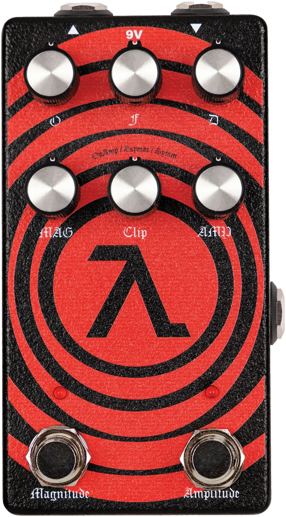 EarthQuaker Devices Sunn O))) HalfLife, top-down view, red and black concentric-ring artwork, lambda symbol, Magnitude and Amplitude footswitches