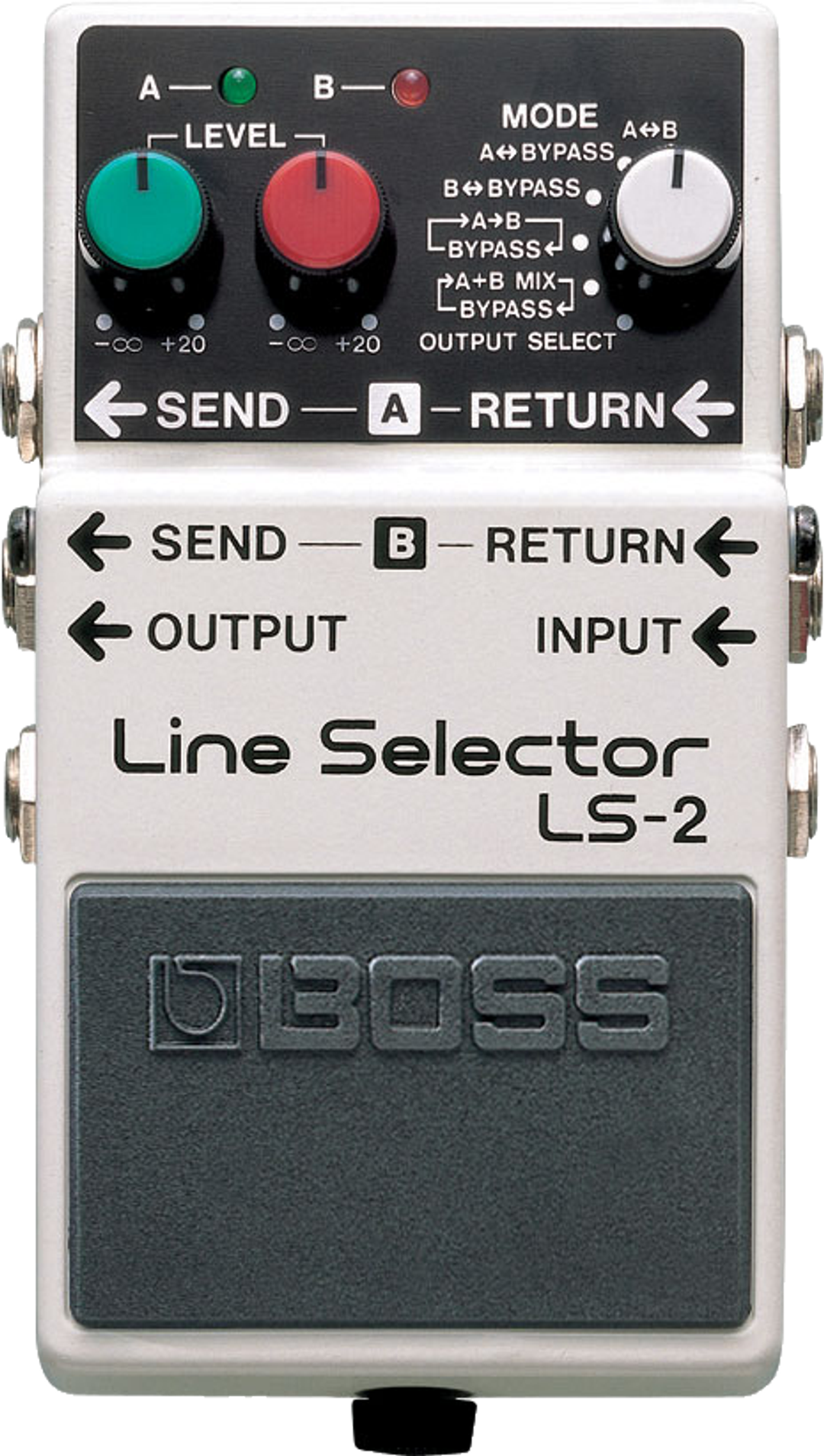 BOSS LS-2 Line Selector, top-down view, white compact pedal with two level knobs, mode selector and footswitch