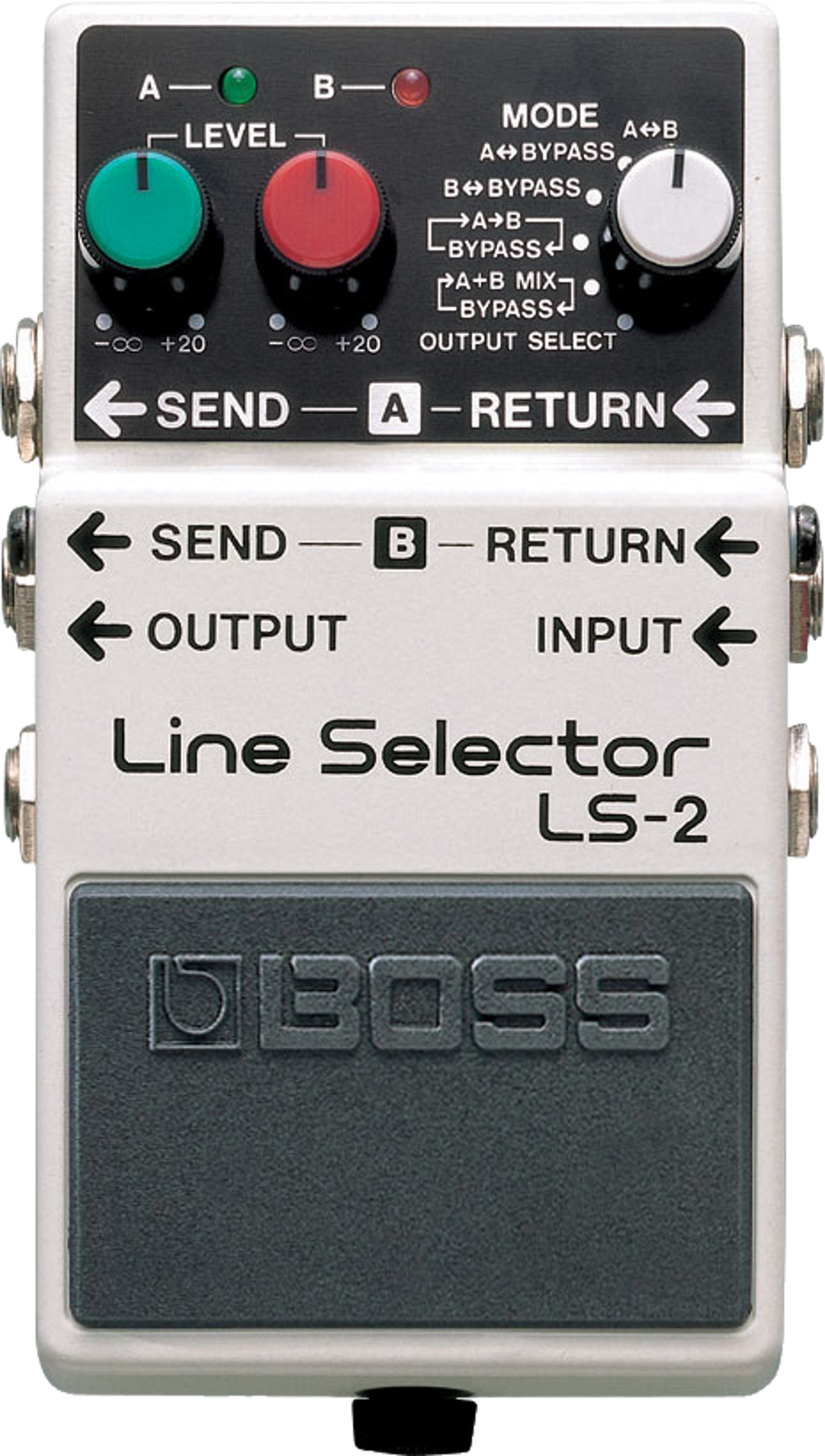 BOSS LS-2 Line Selector, top-down view, white compact pedal with two level knobs, mode selector and footswitch
