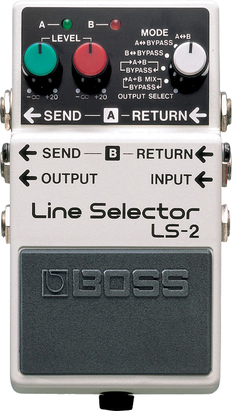 BOSS LS-2 Line Selector, top-down view, white compact pedal with two level knobs, mode selector and footswitch