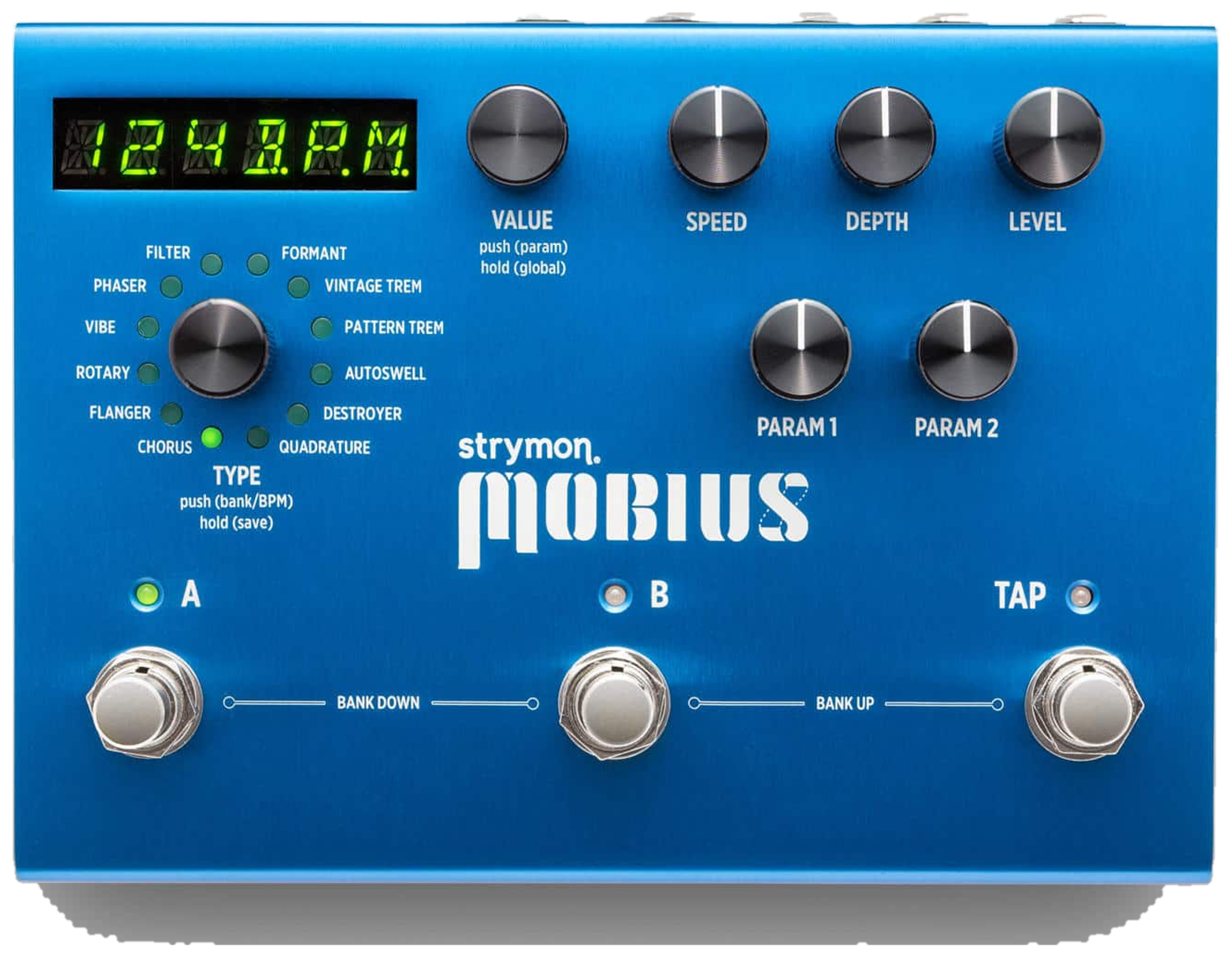 Strymon Mobius, top-down view, blue enclosure, green LED display, seven knobs, A, B and Tap footswitches