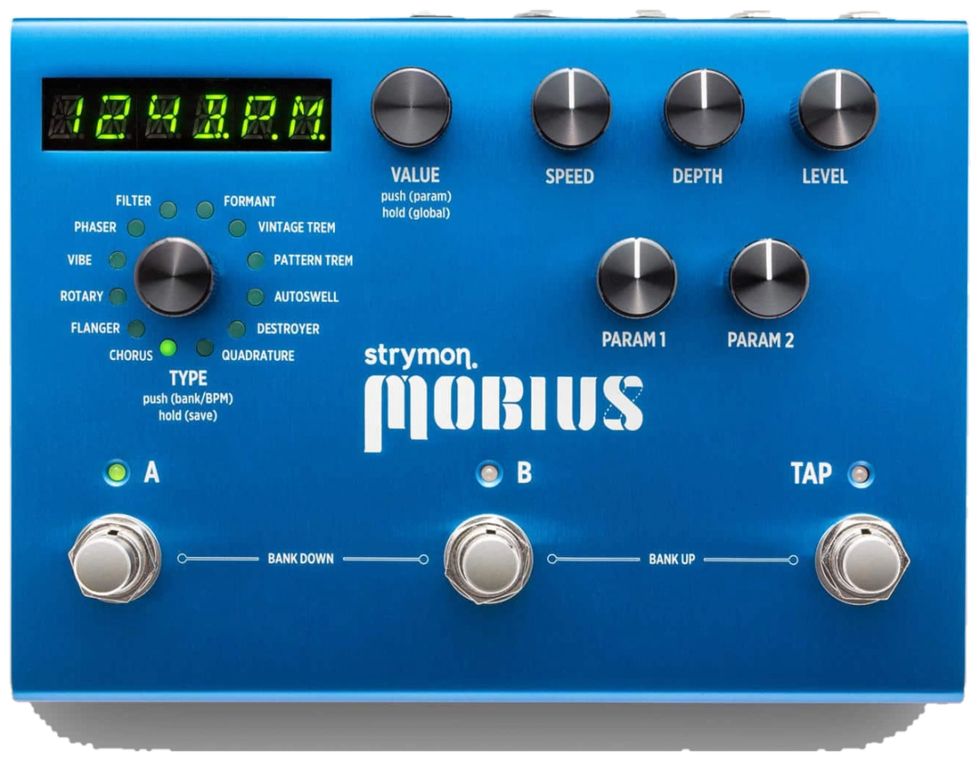 Strymon Mobius, top-down view, blue enclosure, green LED display, seven knobs, A, B and Tap footswitches