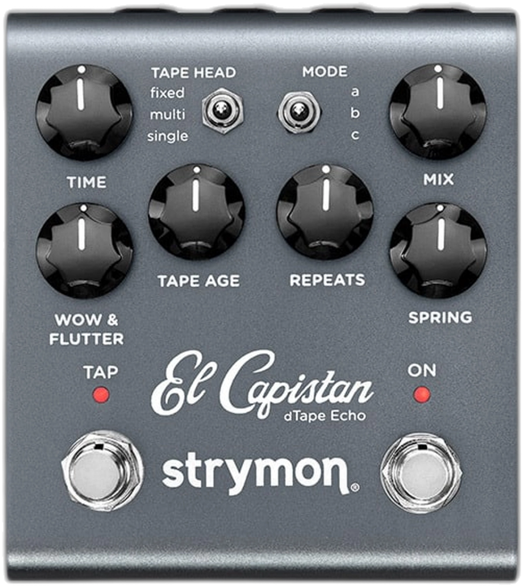 Strymon El Capistan V2, top-down view, dark grey enclosure, six knobs, TAP and ON footswitches, SPRING control