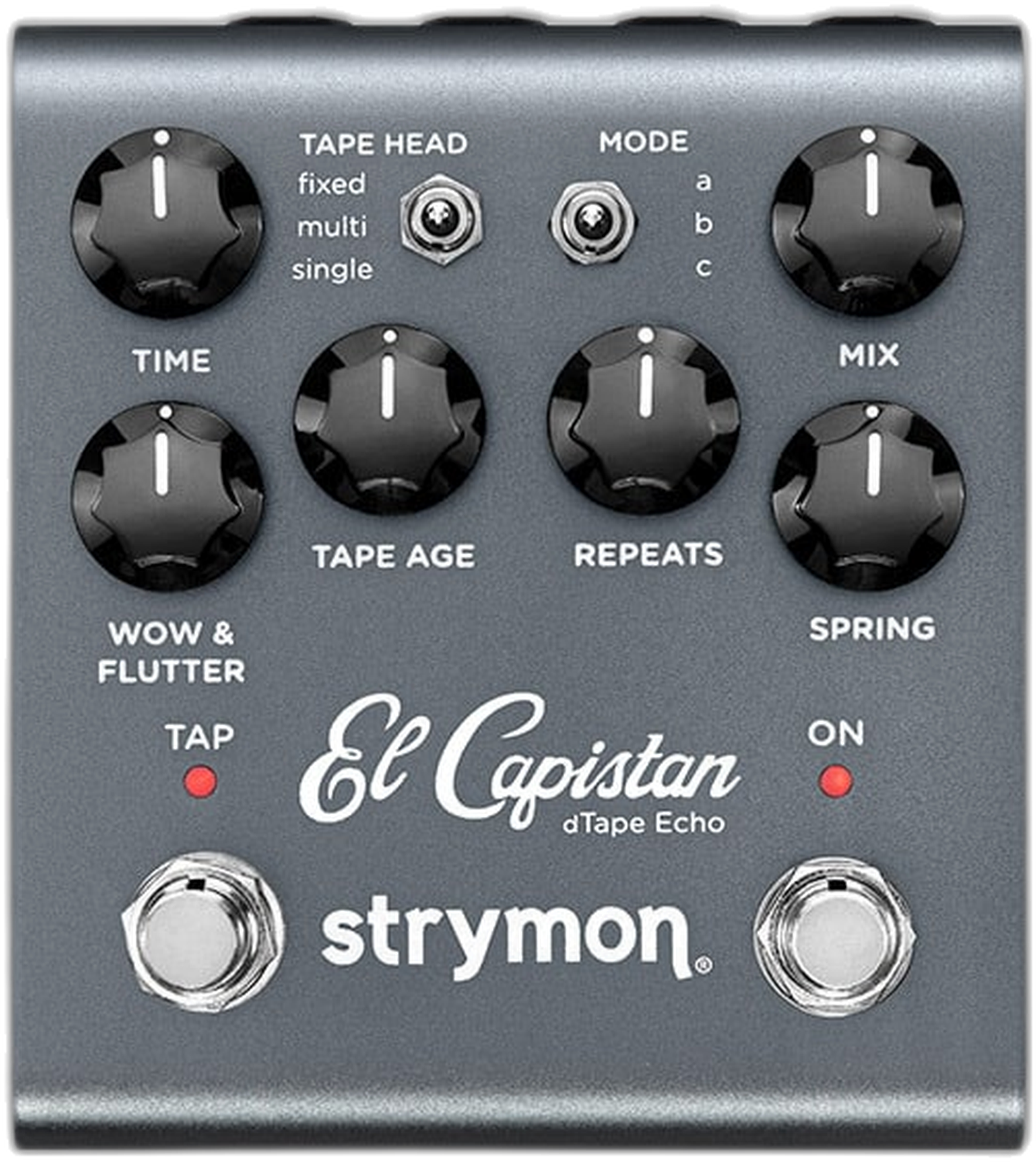 Strymon El Capistan V2, top-down view, dark grey enclosure, six knobs, TAP and ON footswitches, SPRING control