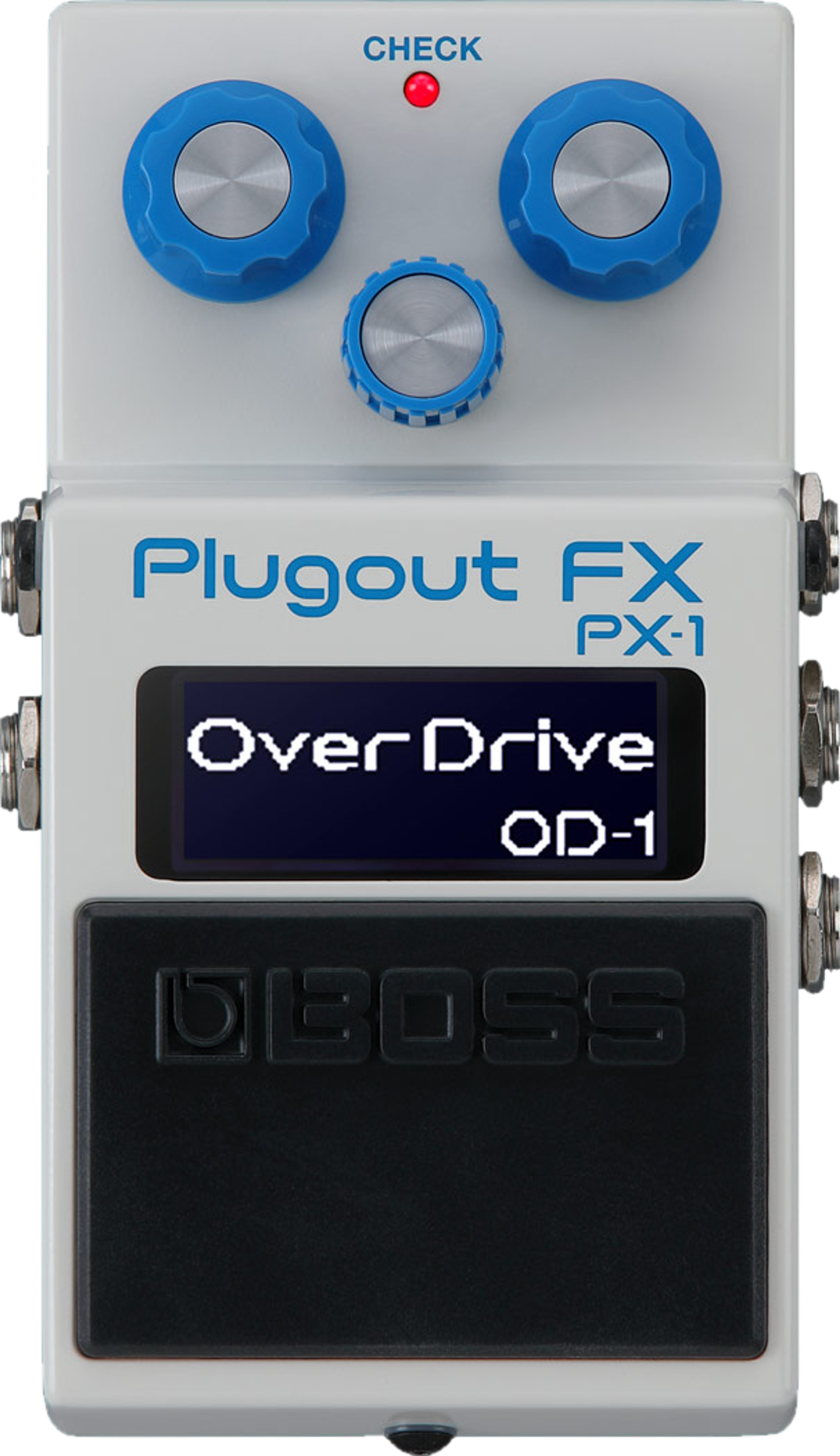 BOSS PX-1 Plugout FX, top-down view, three blue knobs, OverDrive OD-1 on the display and black BOSS pedal switch