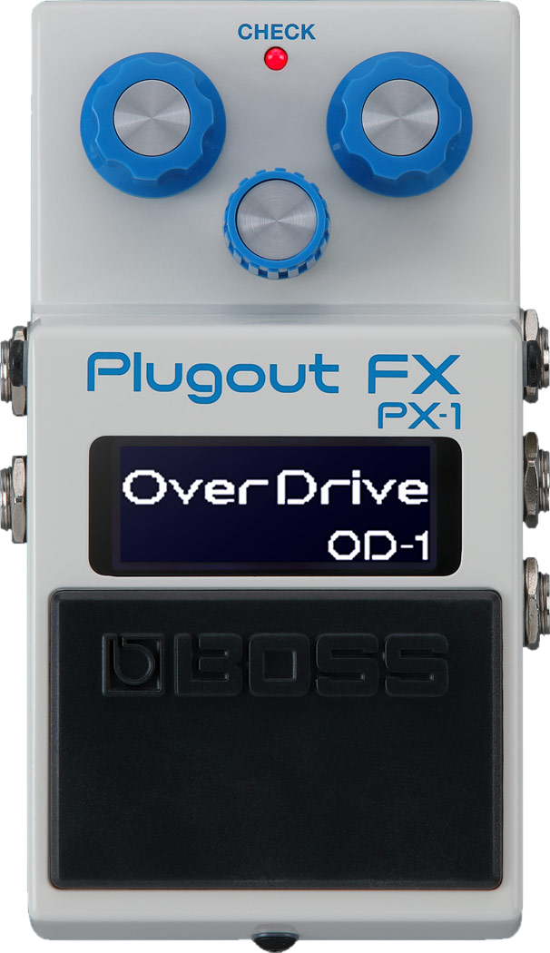 BOSS PX-1 Plugout FX, top-down view, three blue knobs, OverDrive OD-1 on the display and black BOSS pedal switch